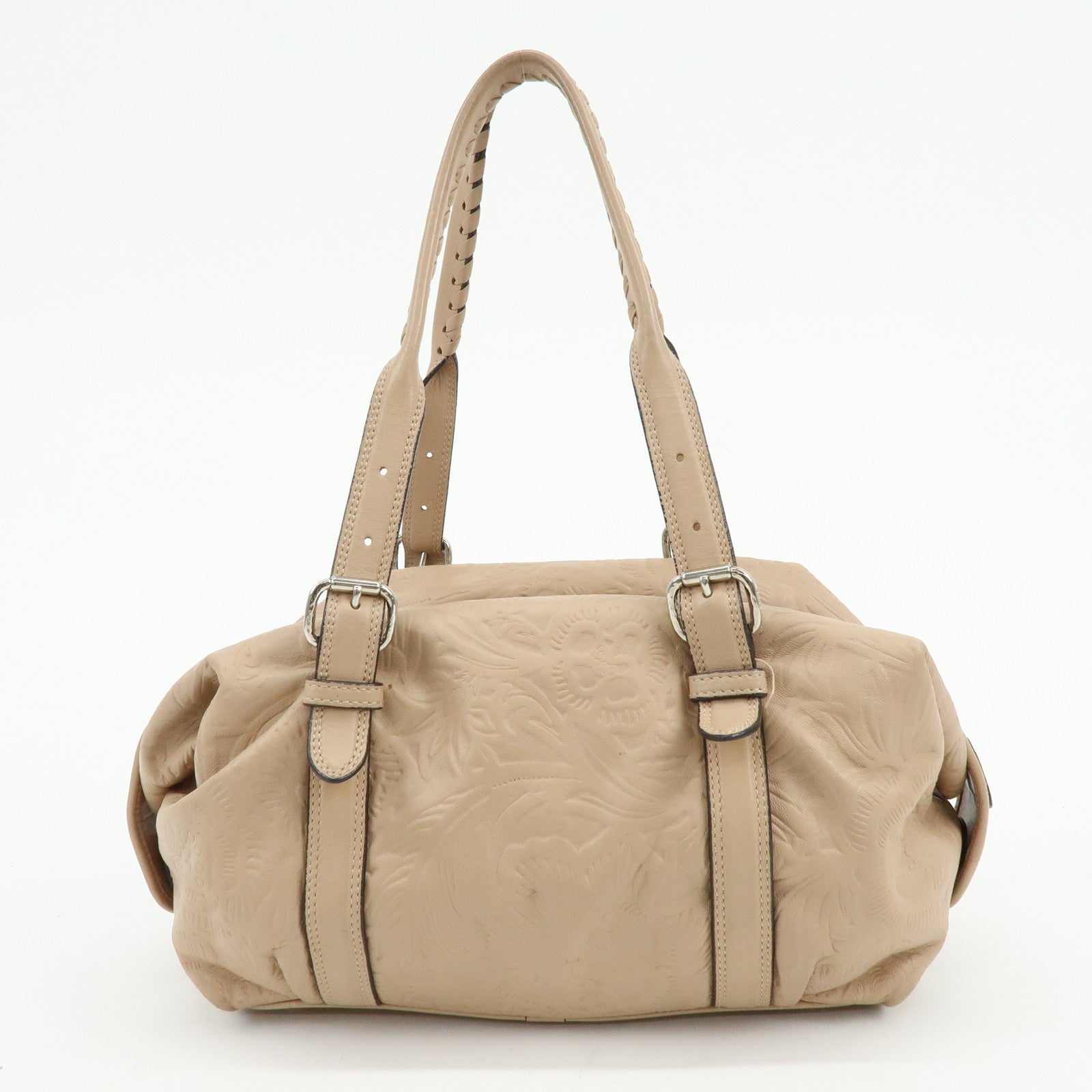 LOEWE Anagram Leather Mini Boston Bag Tote Hand Shoulder Bag Beige