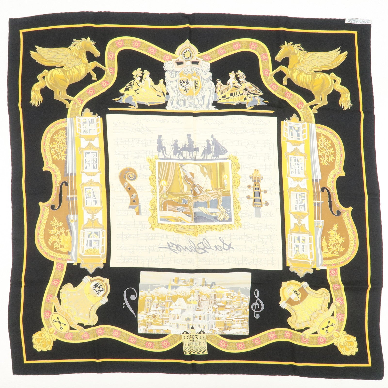 HERMES Carre 90 Silk 100% IN SALZBURG Scarf Black Gold