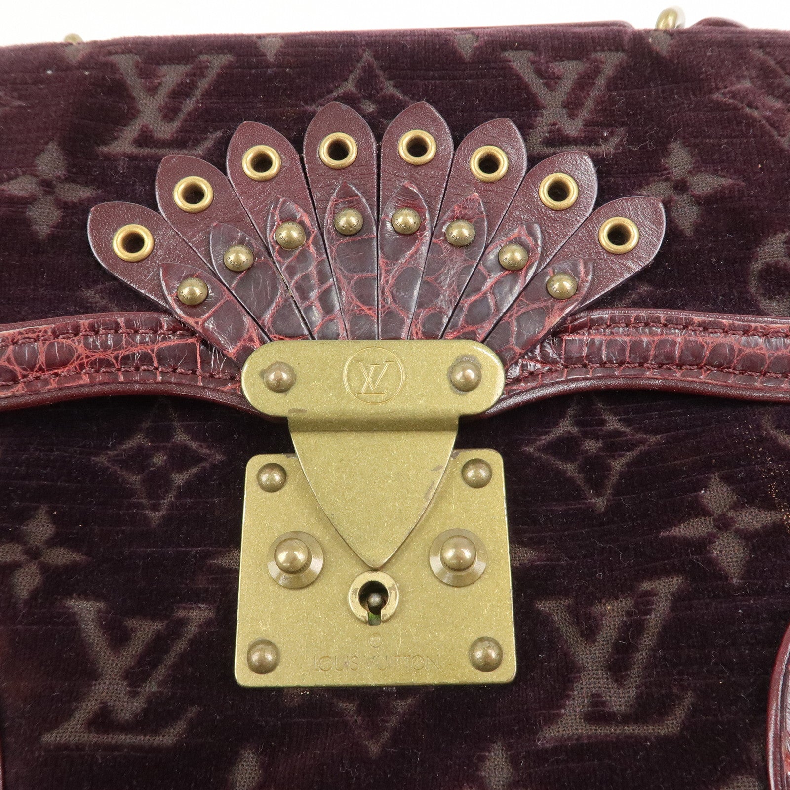 Louis Vuitton Monogram Vleur Velvet Leather Hand Bag Burgundy