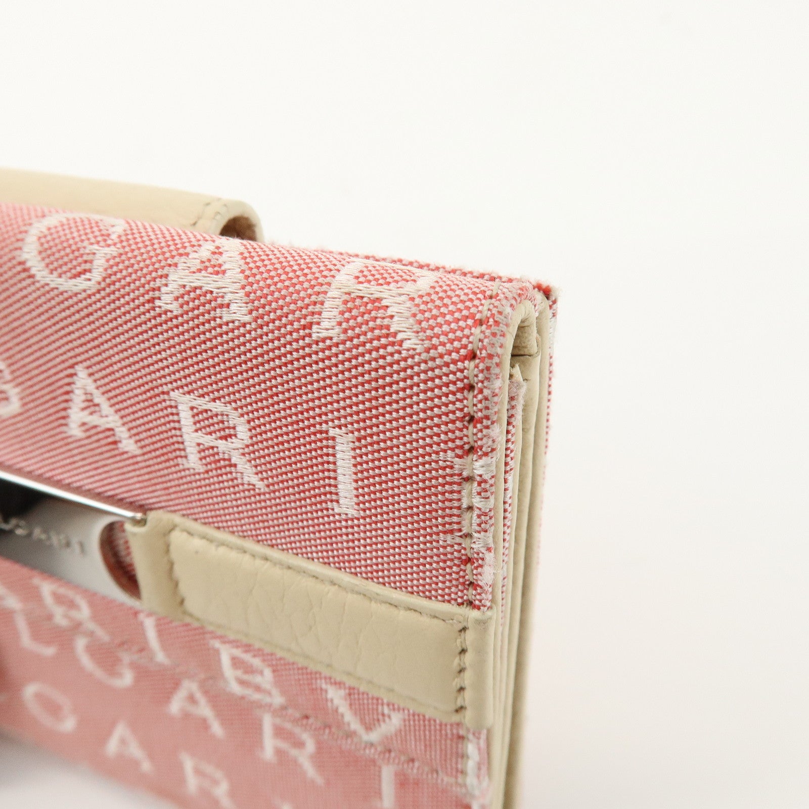 BVLGARI Logo Mania Canvas Leather Compact Wallet Pink Ivory
