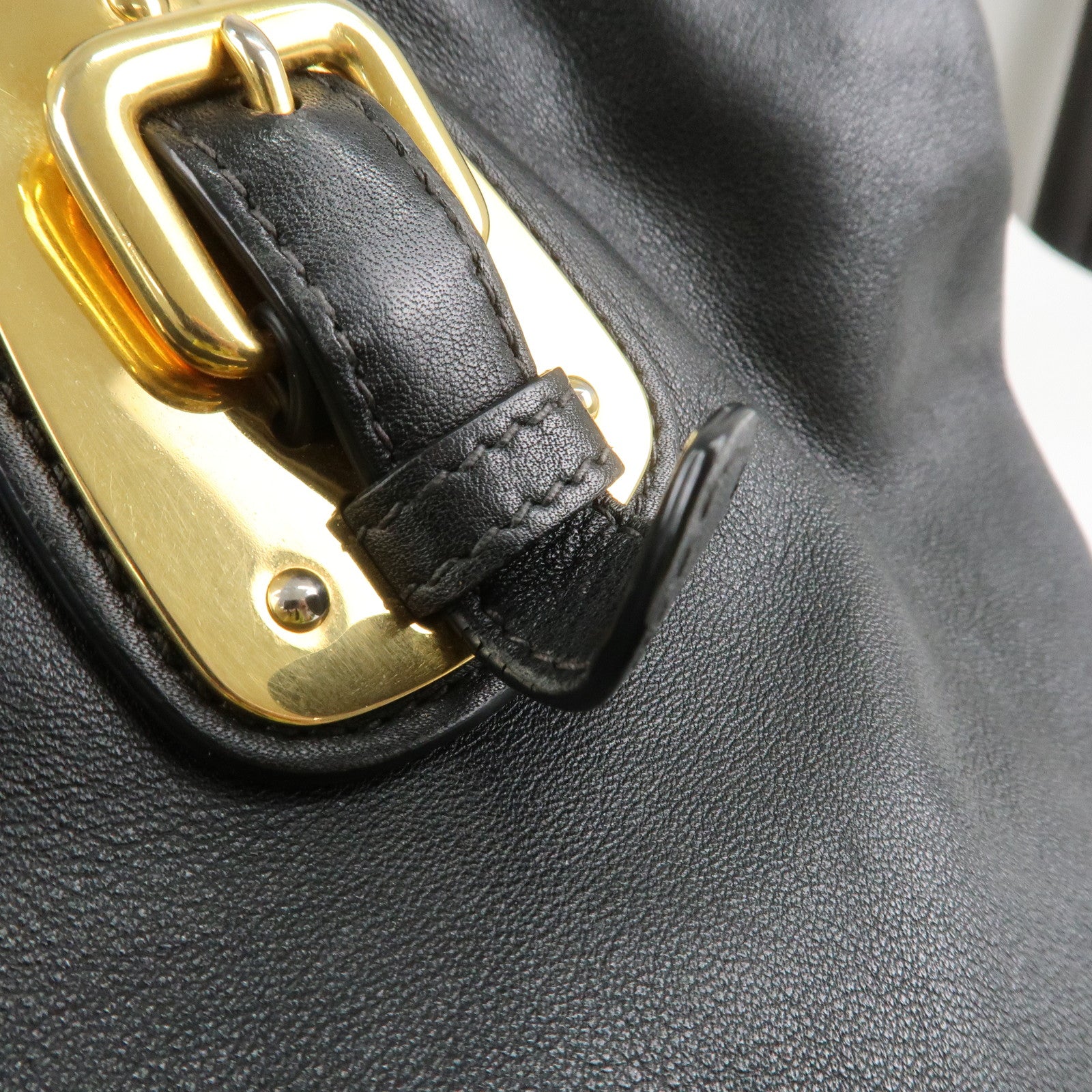 PRADA Logo Calf Leather 2Way Tote Bag Hand Bag Black Gold HDW BN1902 Used