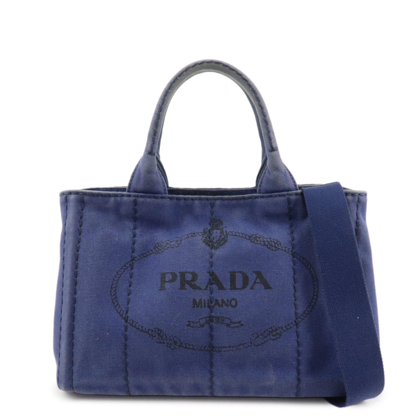 PRADA Logo Canapa Canvas 2Way Tote Bag Hand Bag Navy B2642B Used