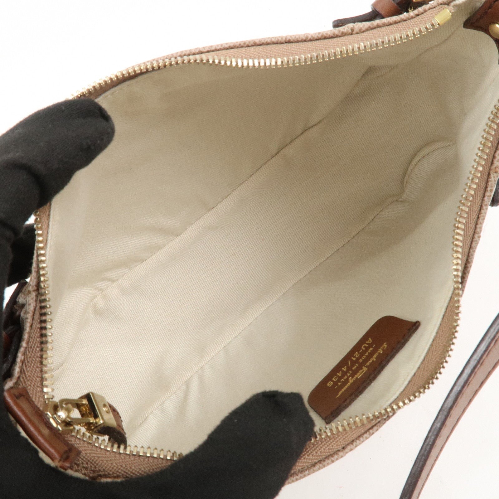 Ferragamo Gancini Logo PVC Leather Shoulder Bag Hand Bag Brown