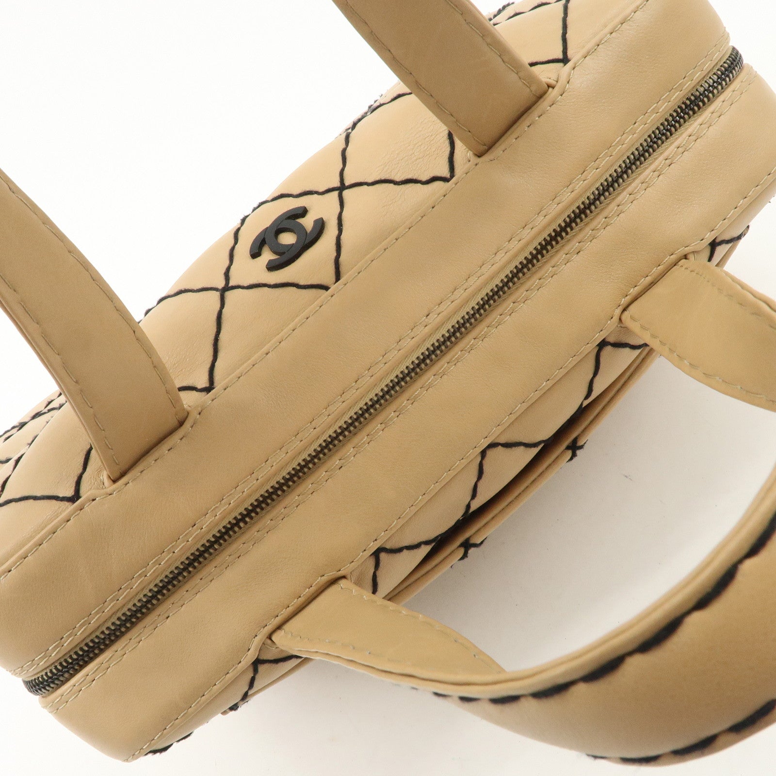 CHANEL Wild Stitch Calf Skin Coco Mark Hand Bag Beige A14692 Used