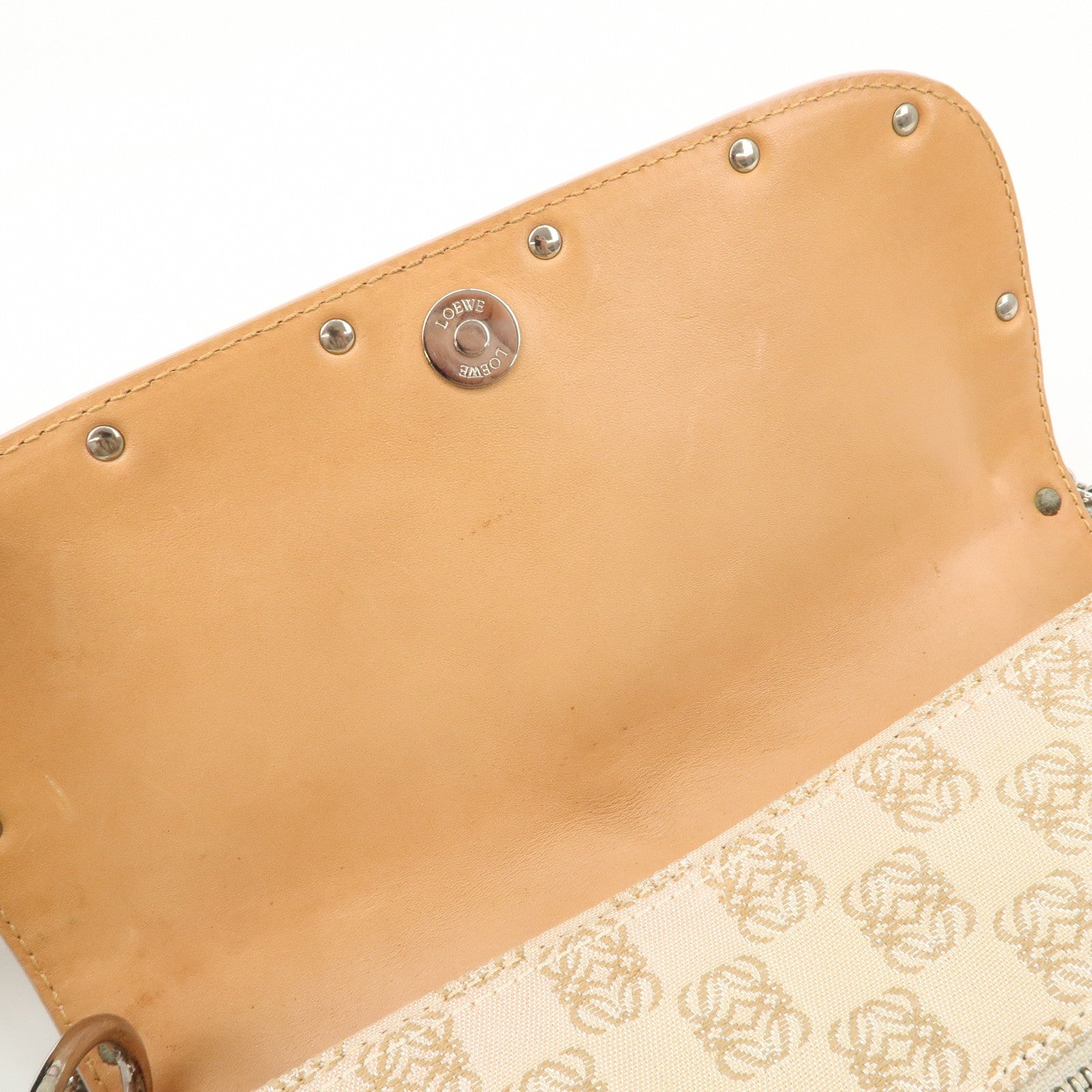 LOEWE Repeat Anagram Leather Canvas Chain Shoulder Bag Beige Brown Used