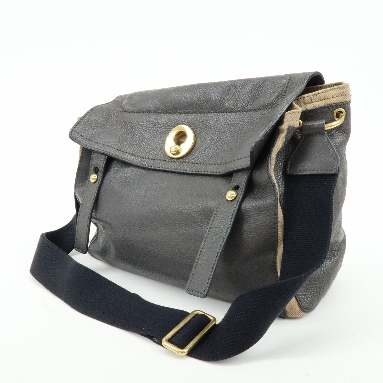 SAINT LAURENT PARIS Muse Leather Canvas Shoulder Bag Dark Brown