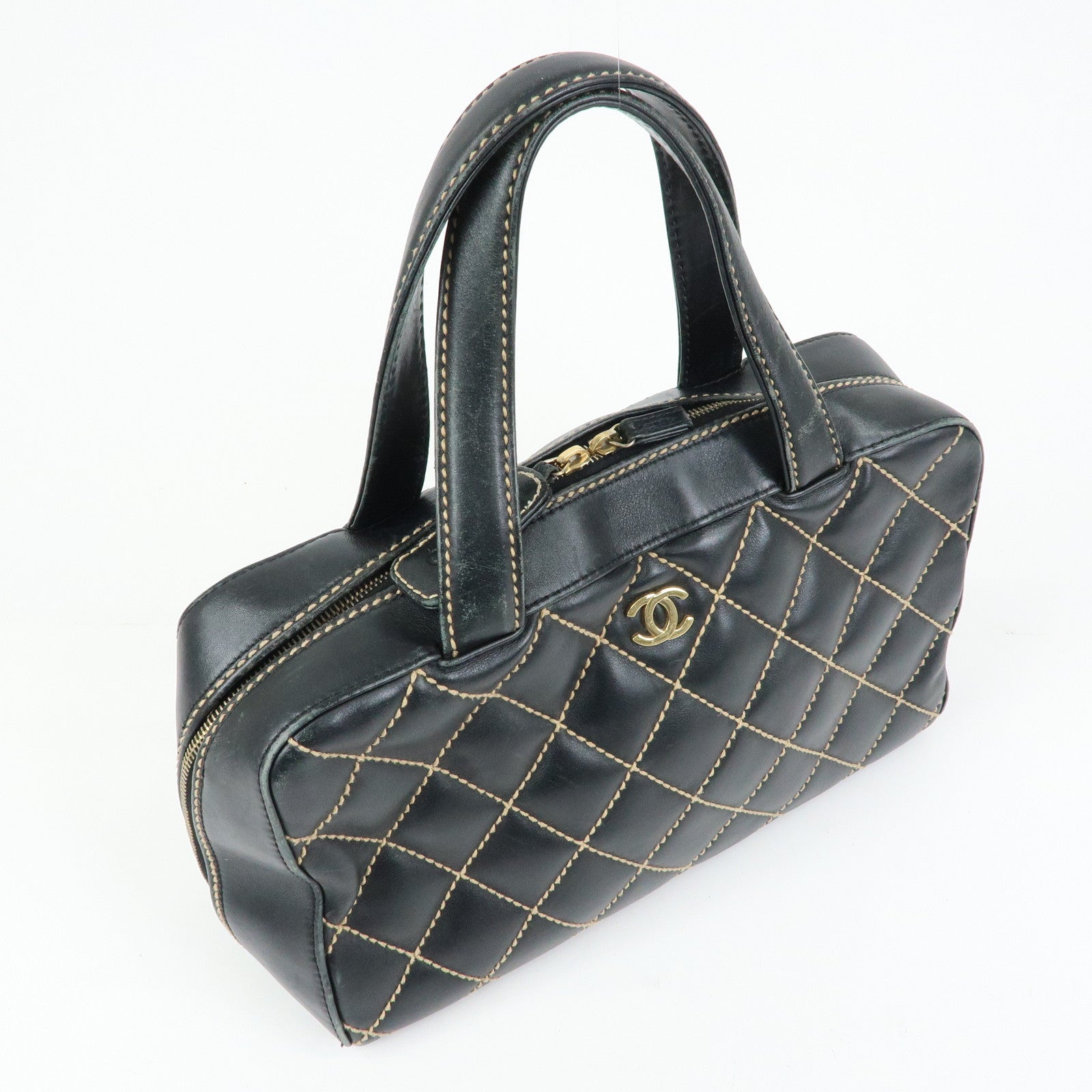CHANEL Wild Stitch COCO Mark Calf Leather Boston Bag Black A18121
