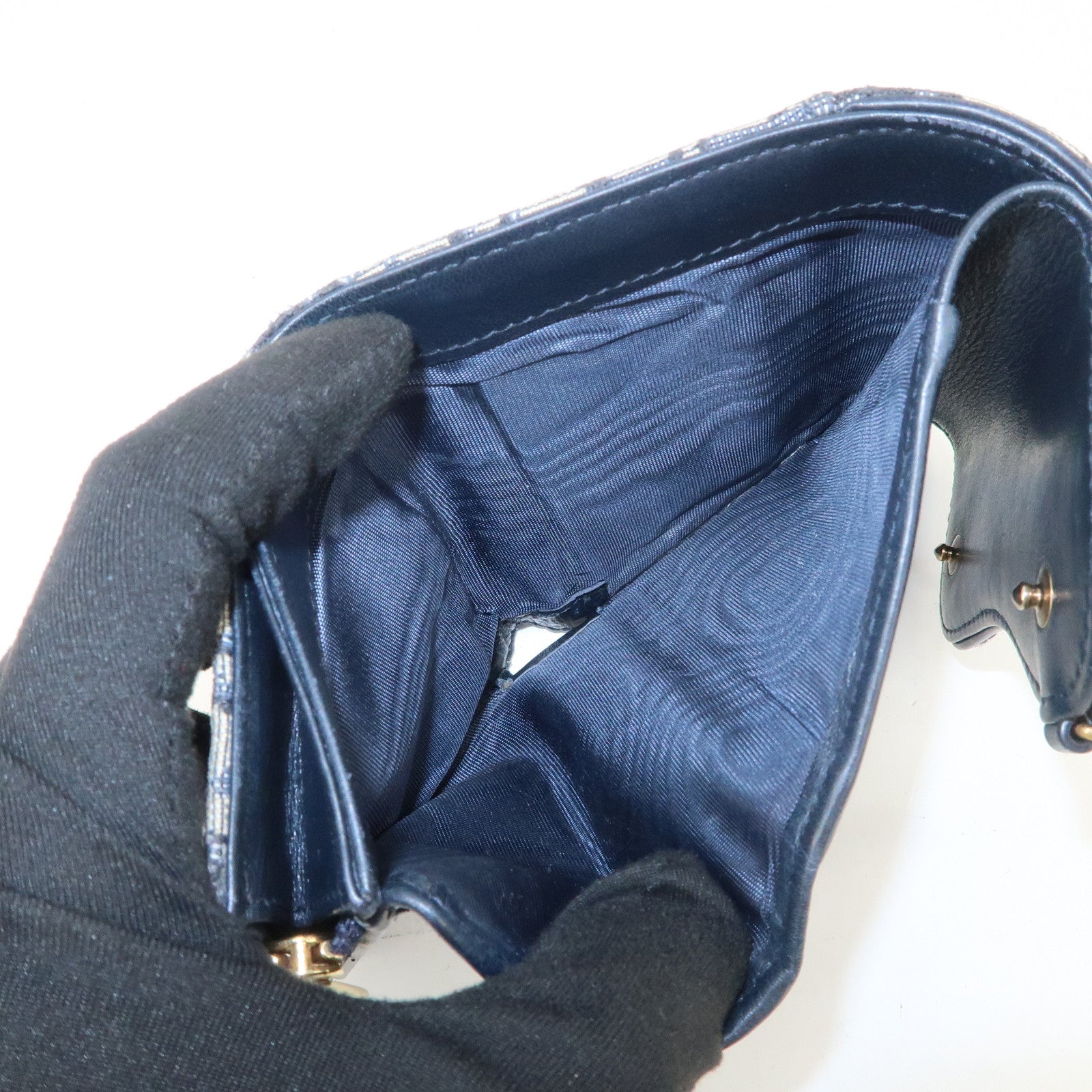 Christian Dior Trotter Canvas Leather Tri-fold Compact Wallet Navy