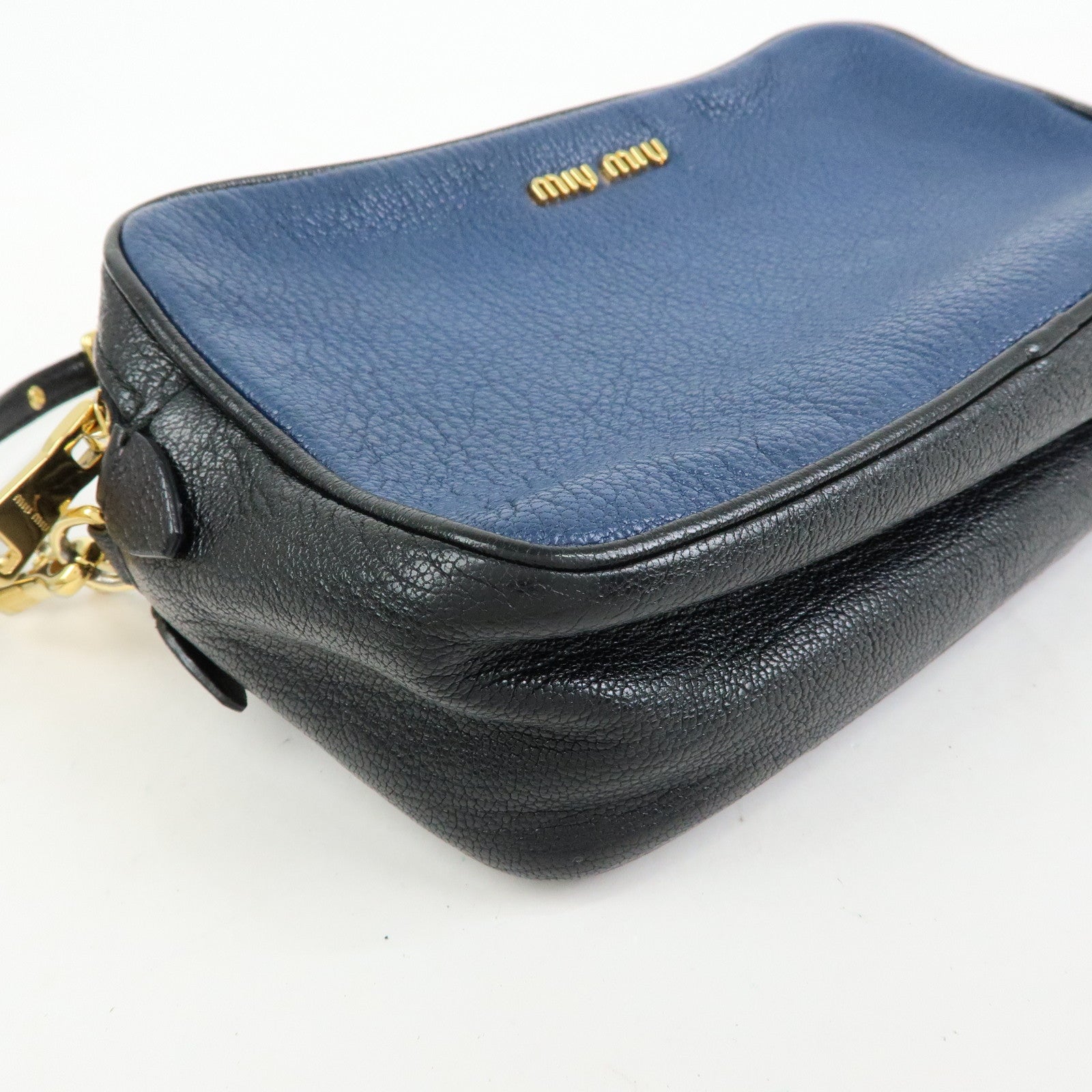 MIU MIU Logo Leather Shoulder Bag Crossbody Bag Blue Black