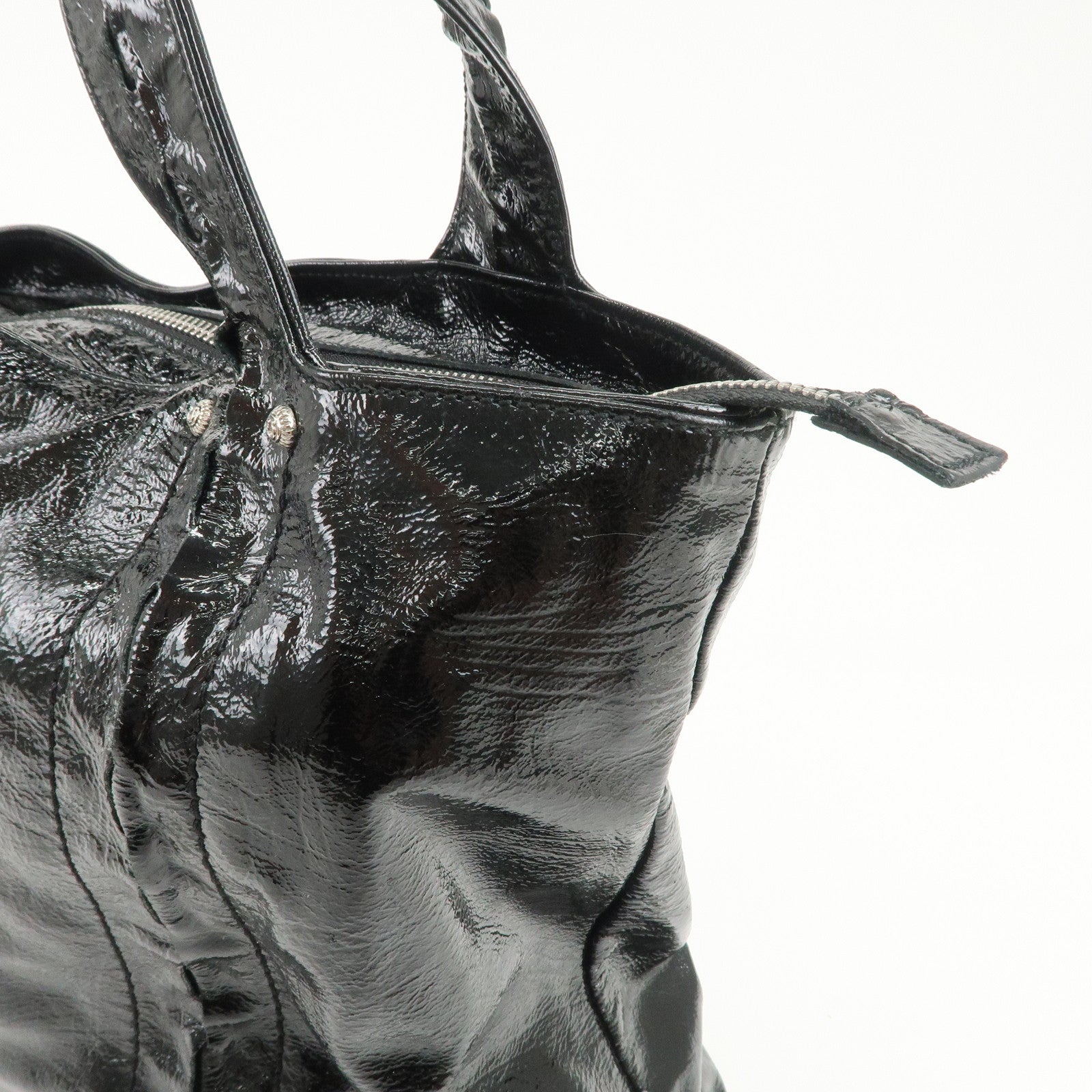 Ferragamo Gancini Logo Patent Leather Tote Bag Shoulder Bag Black