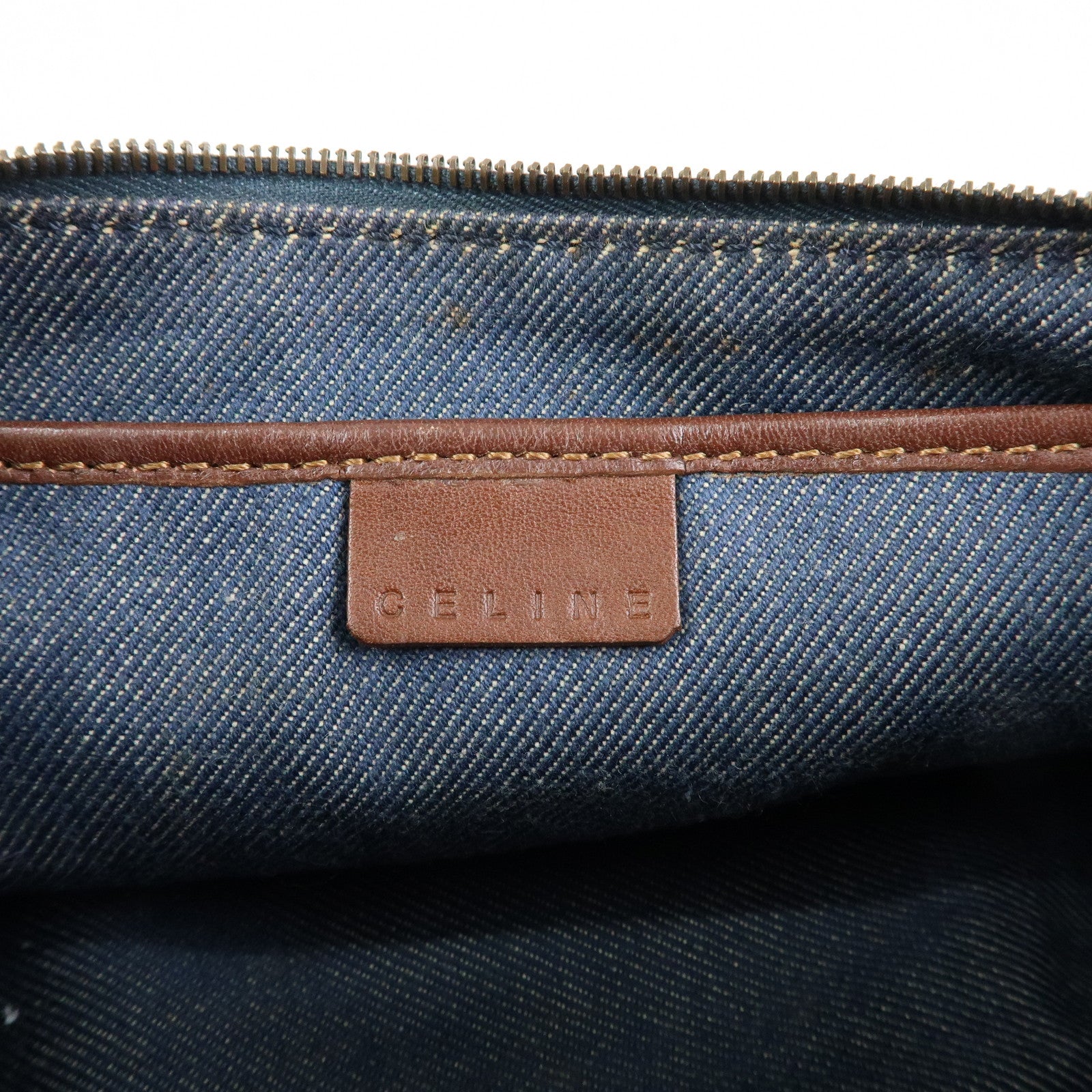 CELINE Macadam Denim Leather Shoulder Hand Bag Indigo Blue Brown