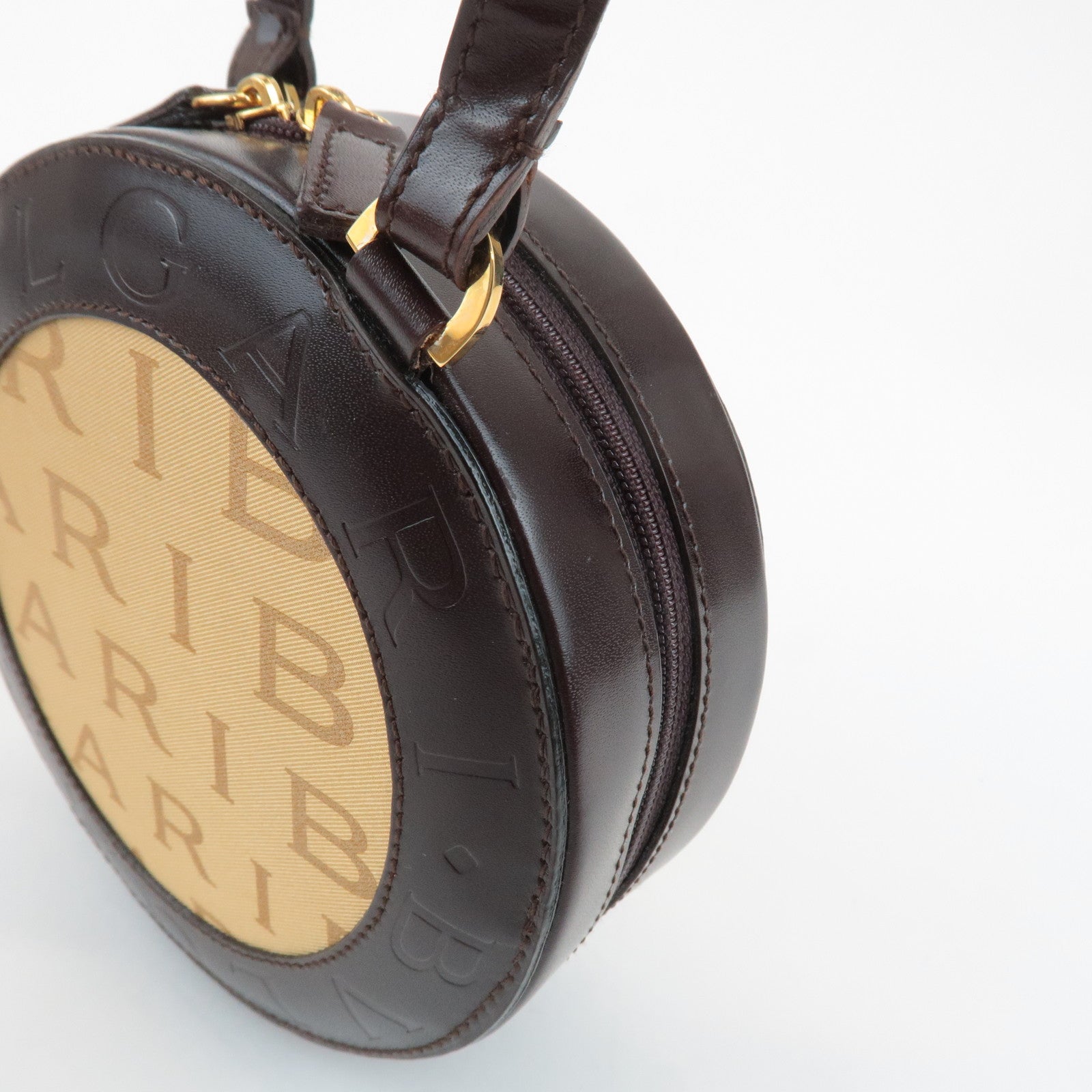 BVLGARI Logo Mania Canvas Leather B-Zero1 Drum Shoulder Bag Brown Used