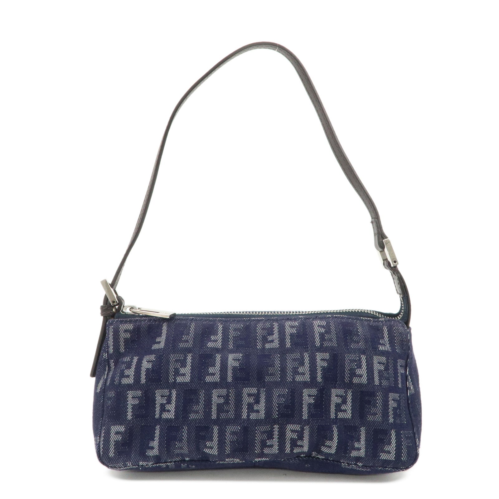 FENDI Zucchino Canvas Leather Shoulder Bag Pouch Navy 8BR249 Used