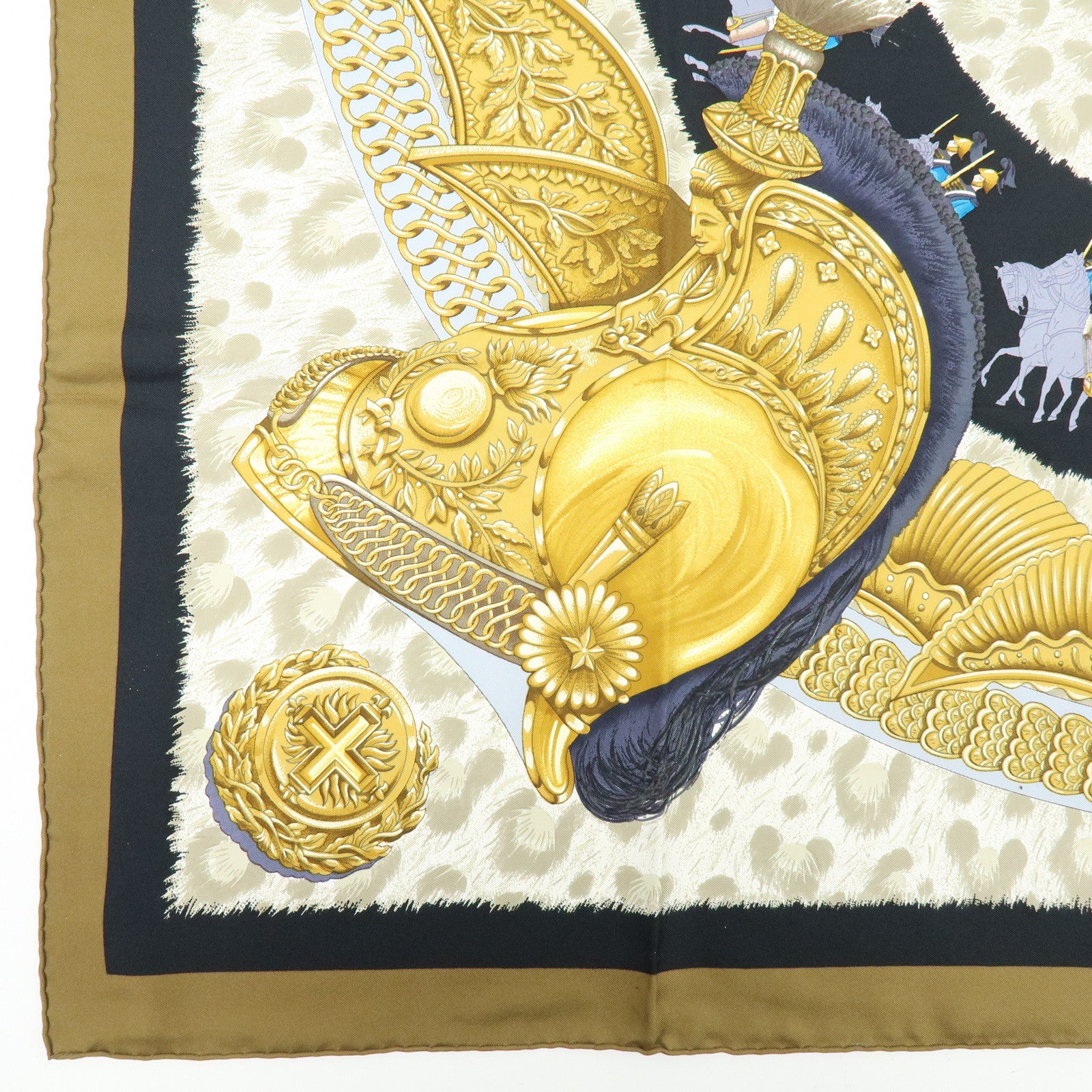 HERMES Carre 90 Silk 100% Scarf CASQUES et PLUMETS Black Brown