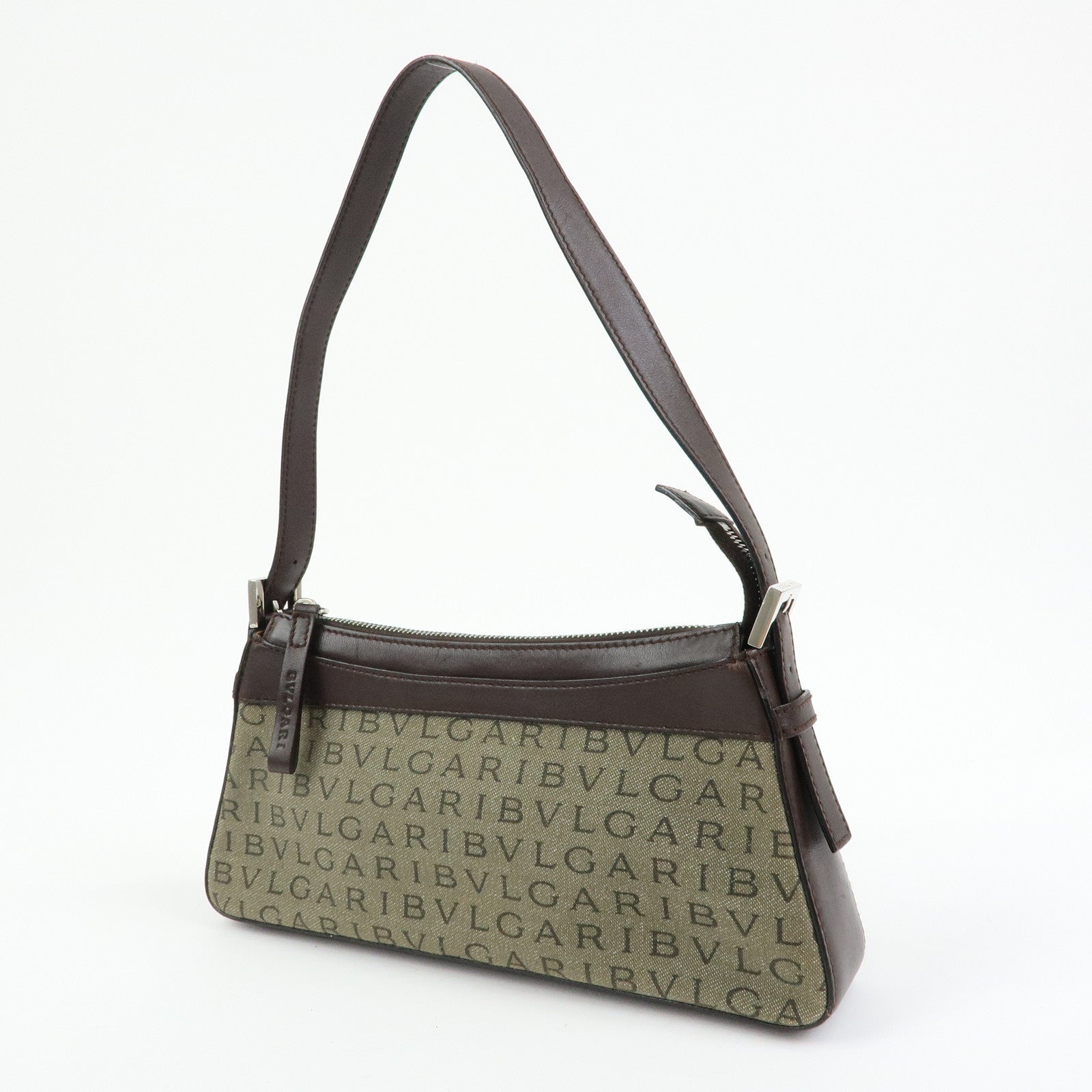 BVLGARI Logo Mania Canvas Leather Shoulder Bag Hand Bag Khaki