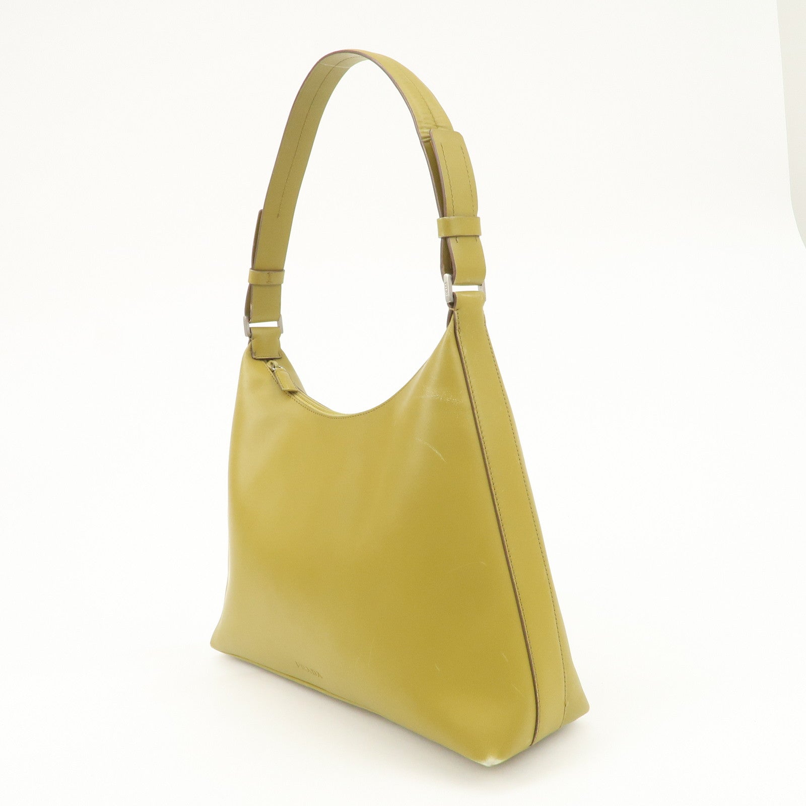 PRADA Leather Shoulder Bag Mustard Silver Hardware Used