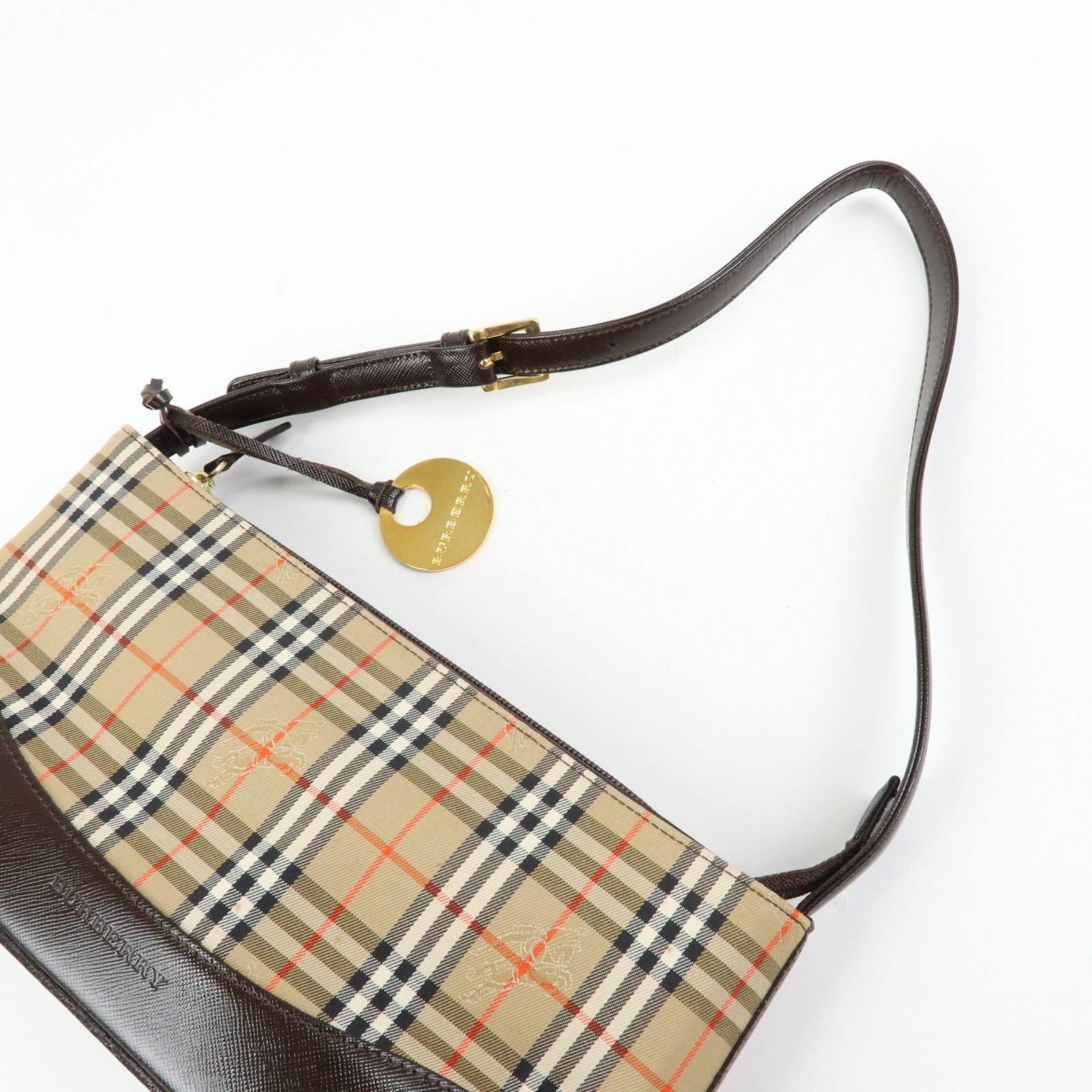 BURBERRY Nova Plaid Canvas Leather Shoulder Bag Beige Brown