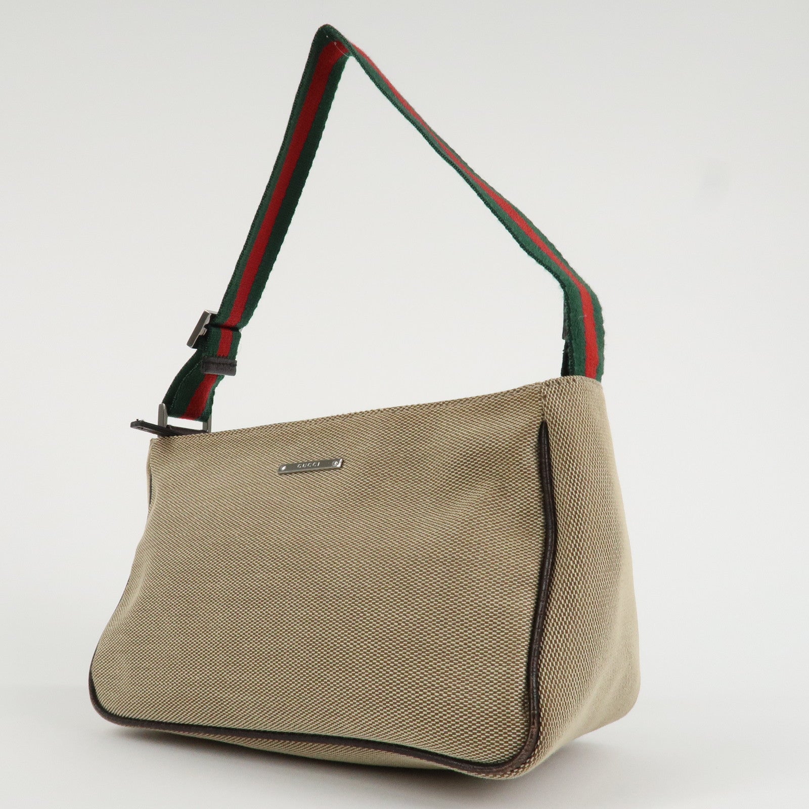 GUCCI Sherry Canvas Leather Pouch Hand Bag Beige Brown 106644 Used