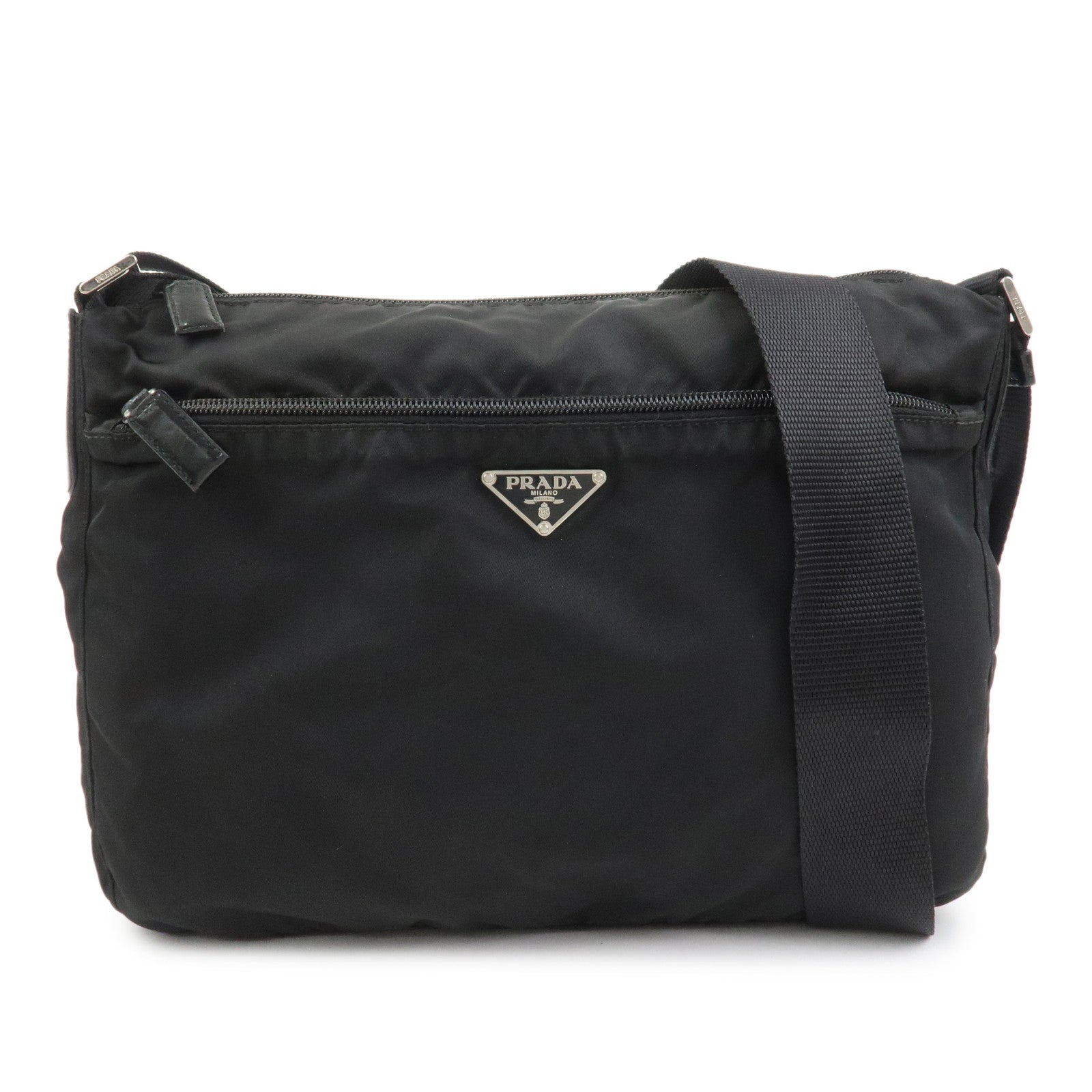 PRADA Triangle Logo Nylon Saffiano Leather Shoulder Bag Black V161