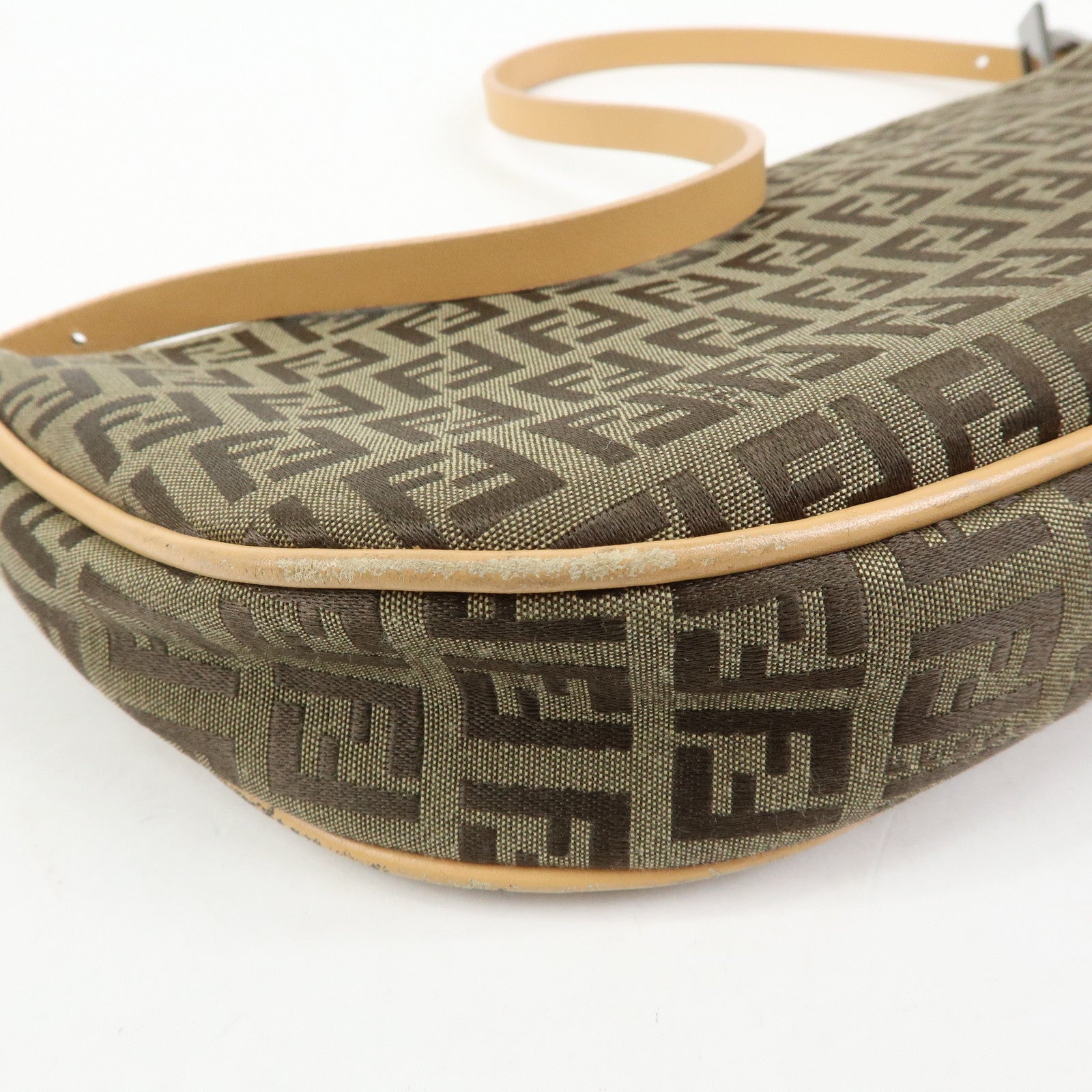 FENDI Zucchino Canvas Leather Shoulder Bag Hand Bag Beige 8BR144