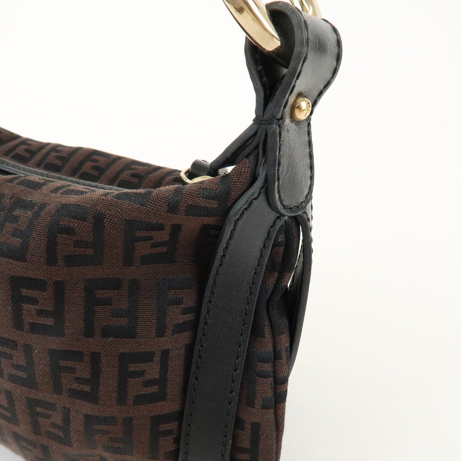 FENDI Zucchino Logo Canvas Leather Black Shoulder Bag Brown 8BR464