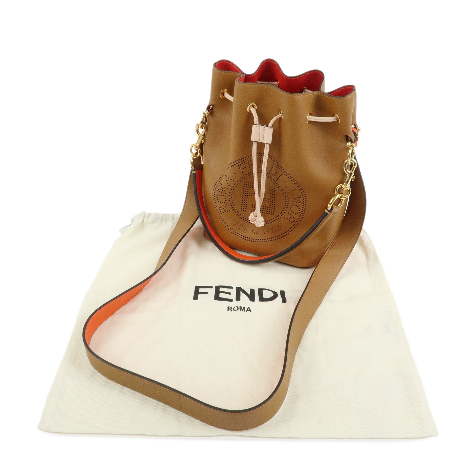FENDI Leather Montresor 2Way Hand Shoulder Bag Brown Orange 8BT309
