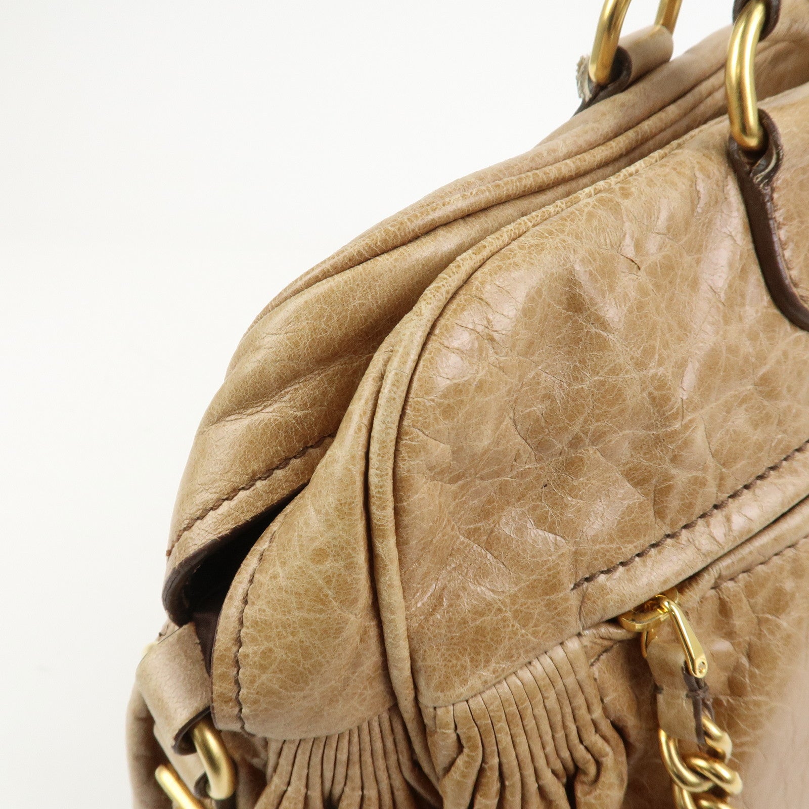 MIU MIU Logo Leather Hand Bag Boston Bag Light Brown
