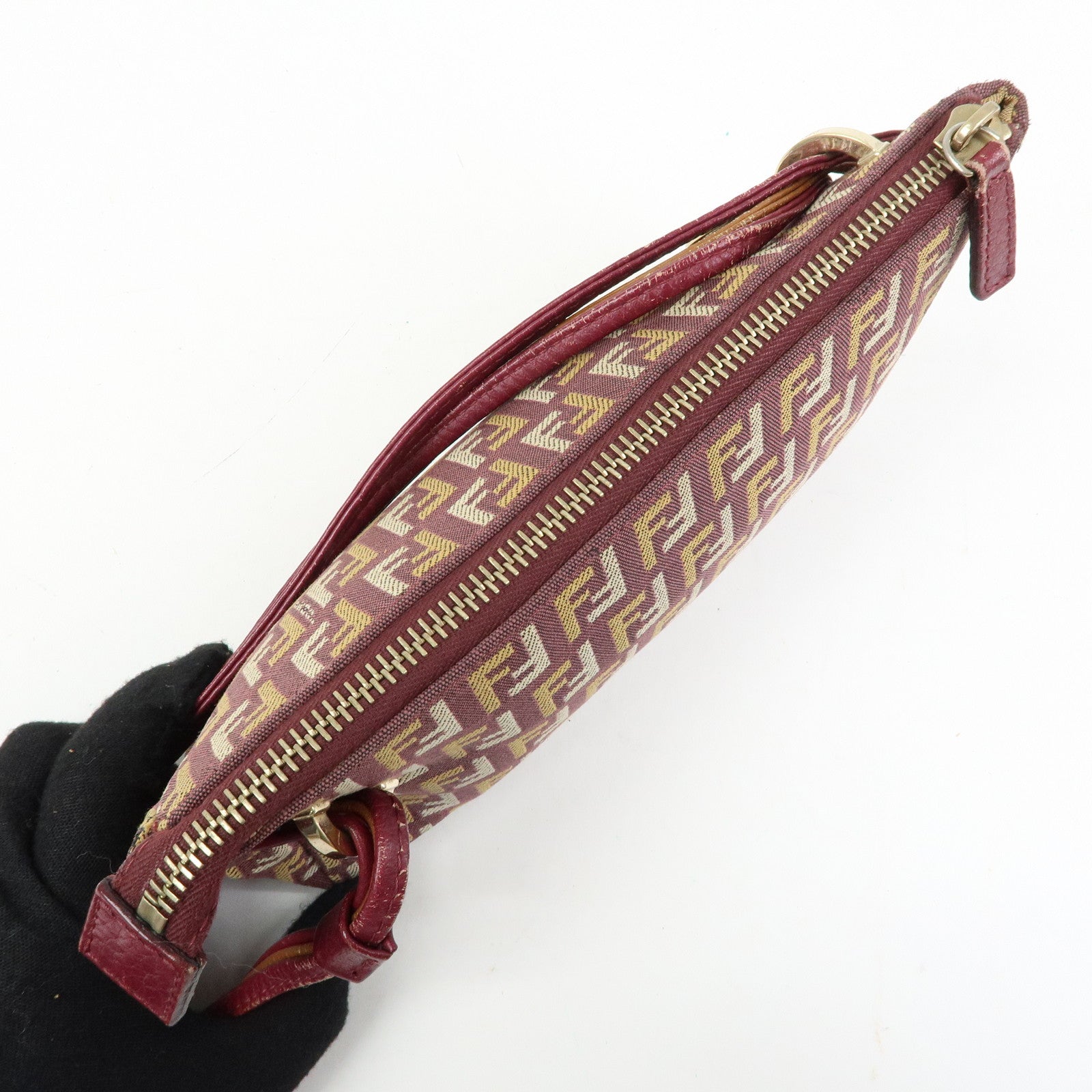 FENDI Zucchino Canvas Leather Hand Bag Pouch Brown 8BR513