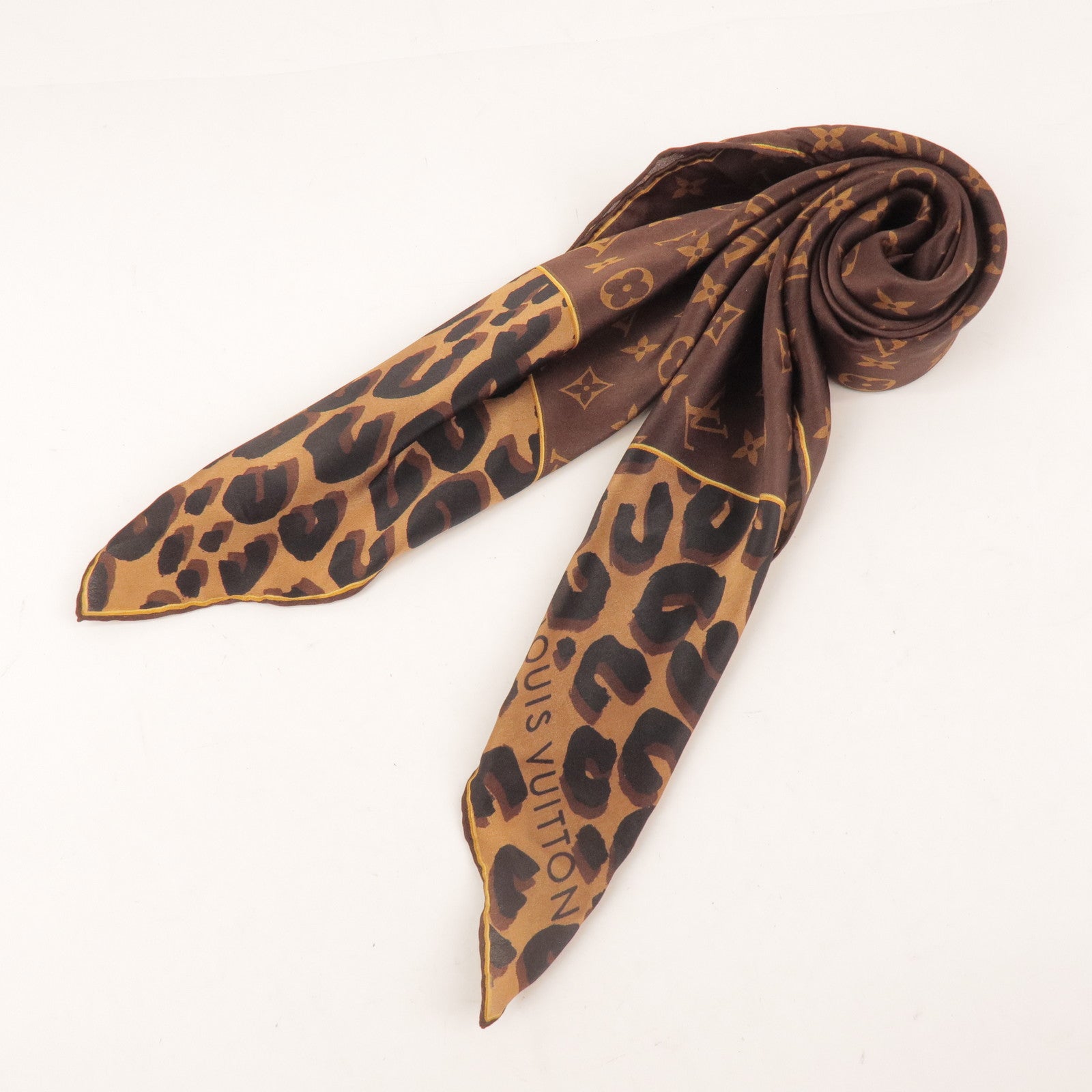 Louis Vuitton Monogram 100% Silk Scarf 65x65 Leopard Brown