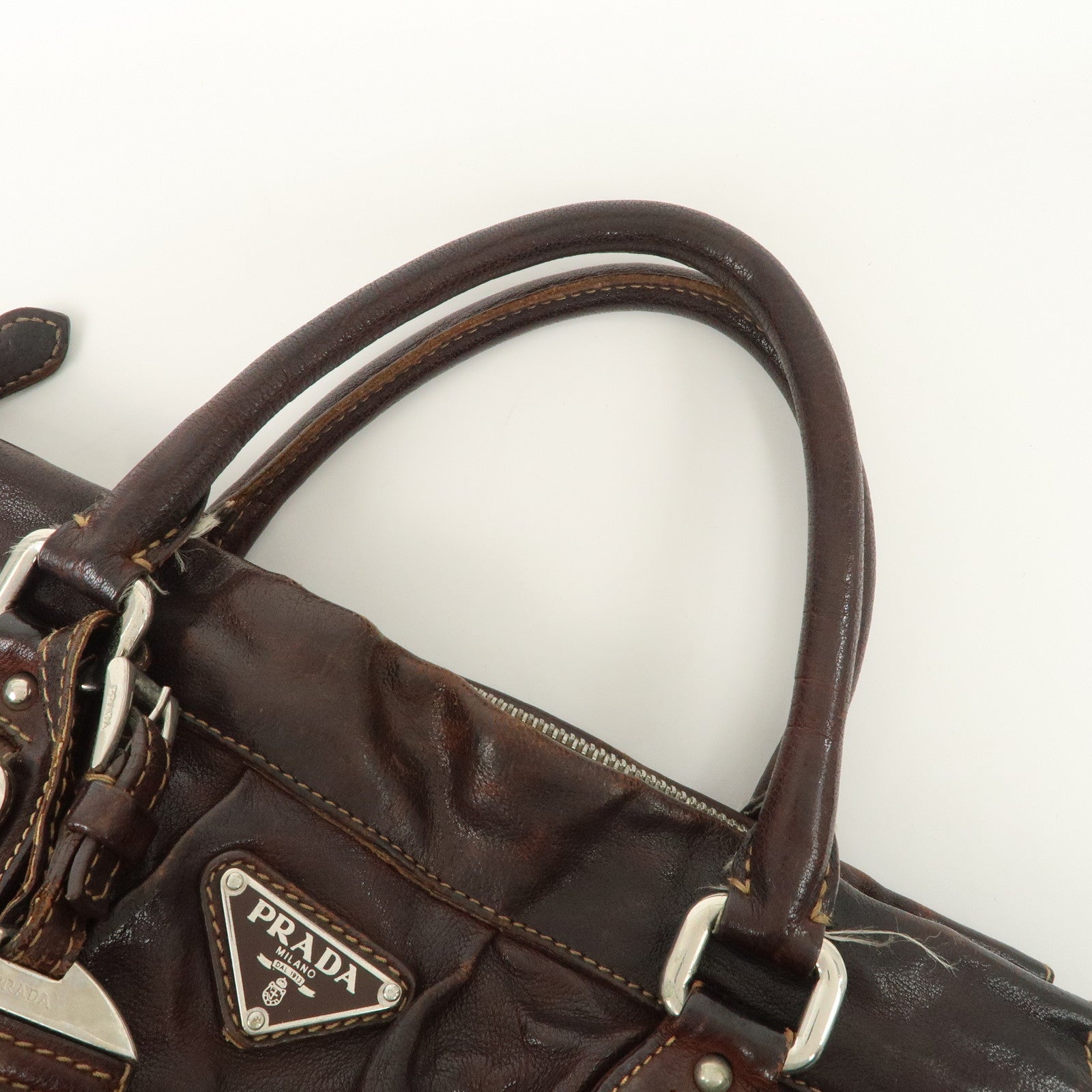 PRADA Triangle Logo Leather 2Way Bag Hand Bag Dark Brown BN1279 Used