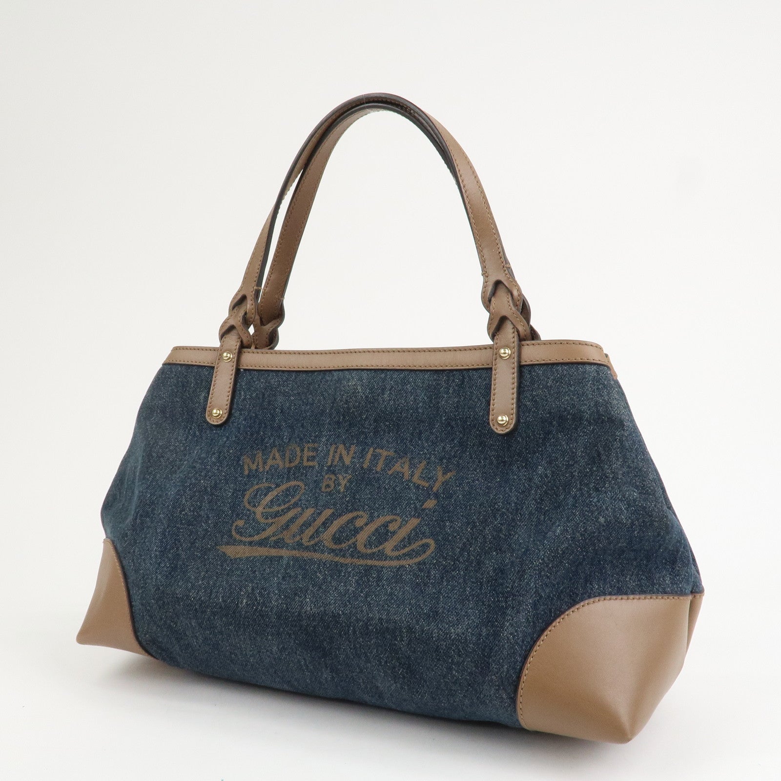GUCCI Craft Denim Leather Tote Bag Hand Bag Navy Brown 348715