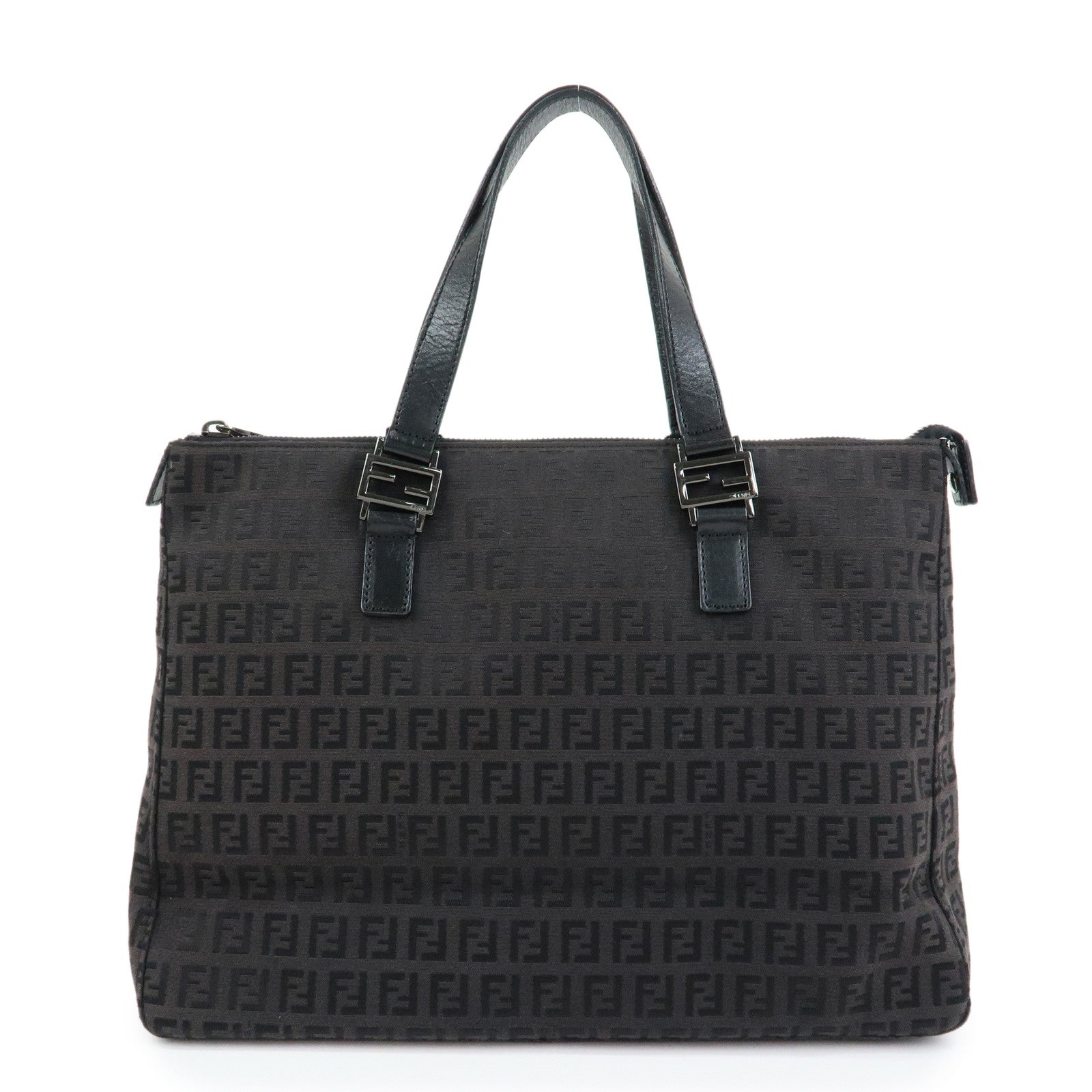 FENDI Zucchino Canvas Leather Tote Bag Hand Bag Black