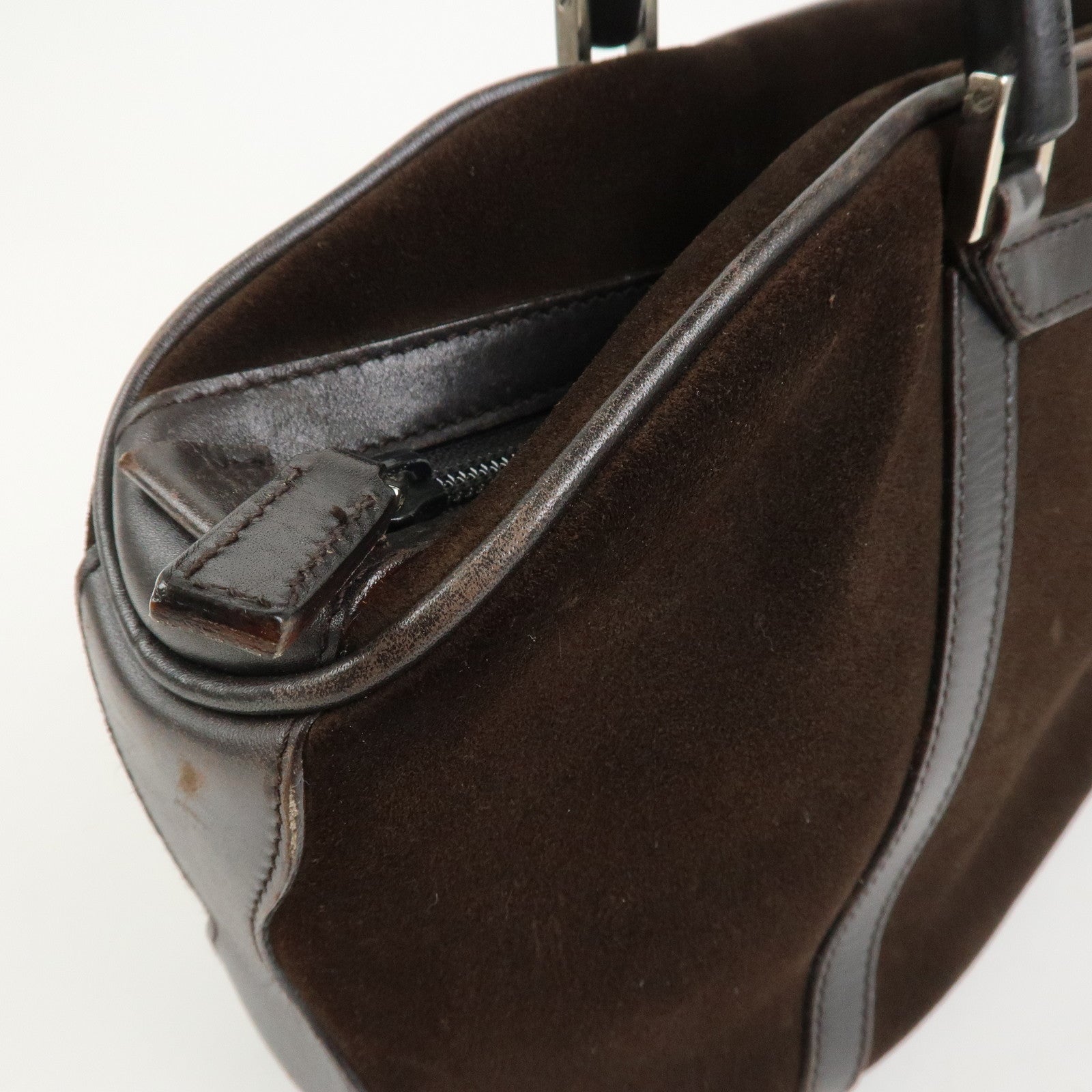 GUCCI Bamboo Suede Leather Hand Bag Dark Brown 002.1084