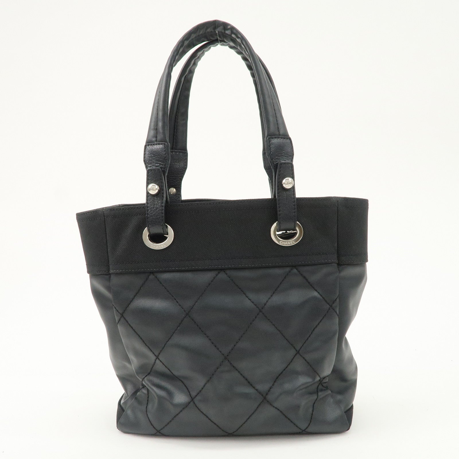 CHANEL Paris Biarritz PM Coated Canvas Leather Tote Bag Black A34208 Used