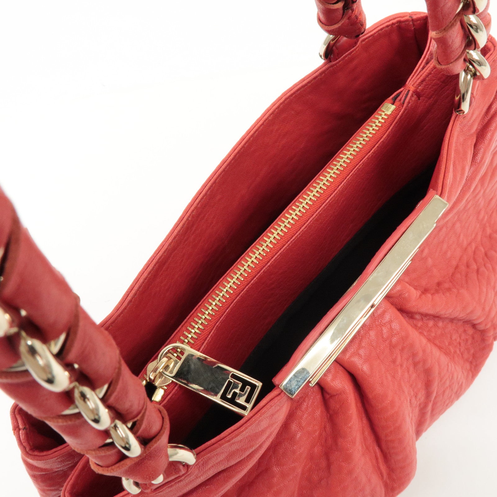 FENDI Leather Mia Chain Shoulder Bag Red Gold Hardware 8BR615 Used