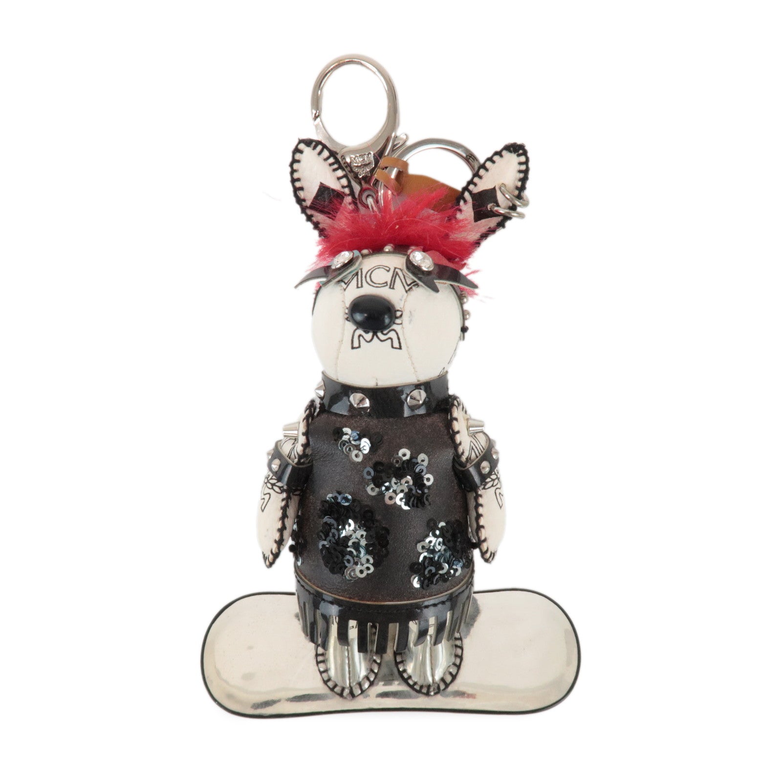 MCM Rabbit Skateboard Leather Metal Key Holder Ivory Black