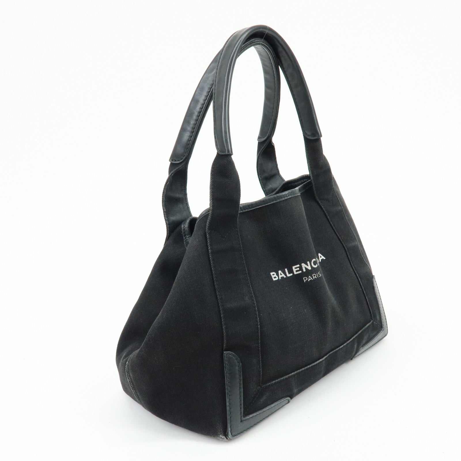 BALENCIAGA Navy Cabas Small Canvas Leather Tote Bag Black 339933