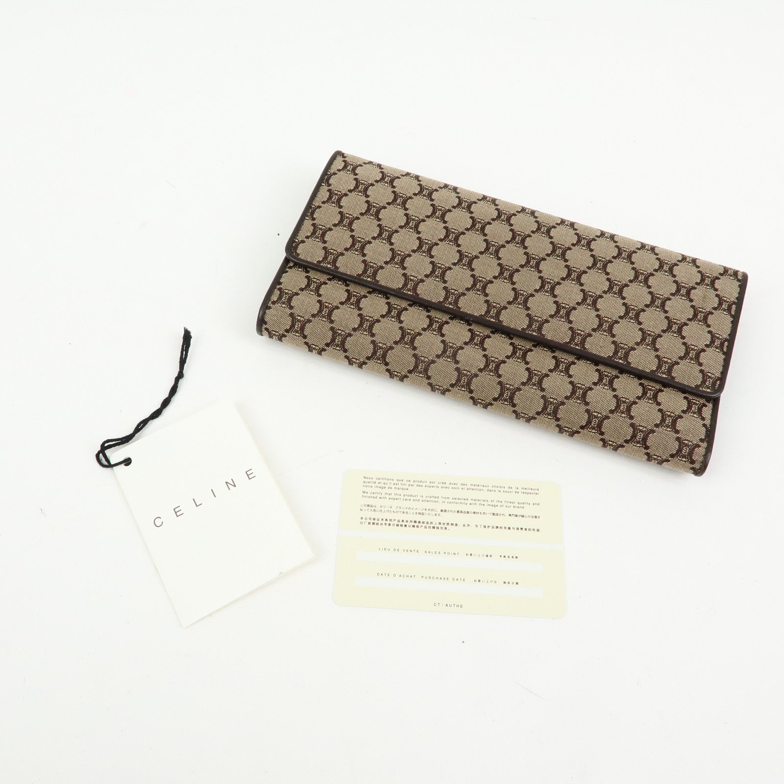 CELINE Macadam Canvas Leather Flap Long Wallet Beige Brown