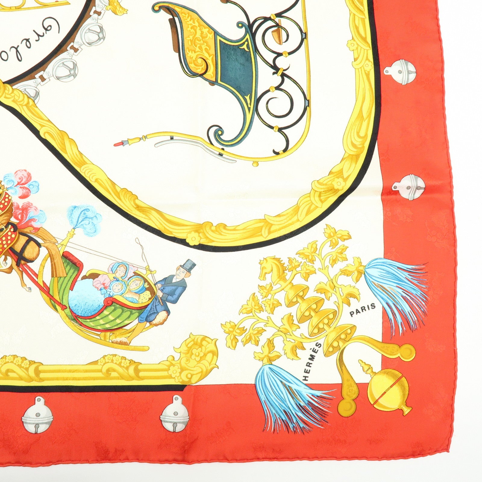 HERMES Carre 90 100% Silk Plumes et Grelots Scarf White Red