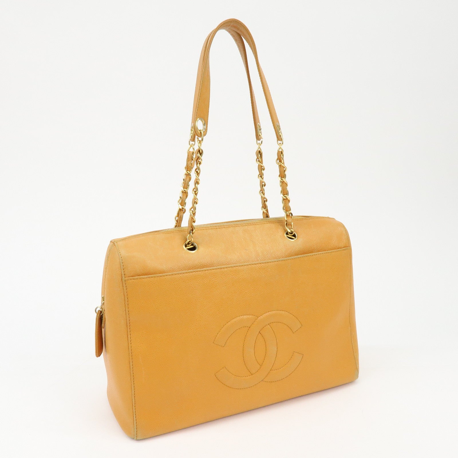 CHANEL COCO Mark Caviarskin Chain Shoulder Bag Boston Bag Yellow