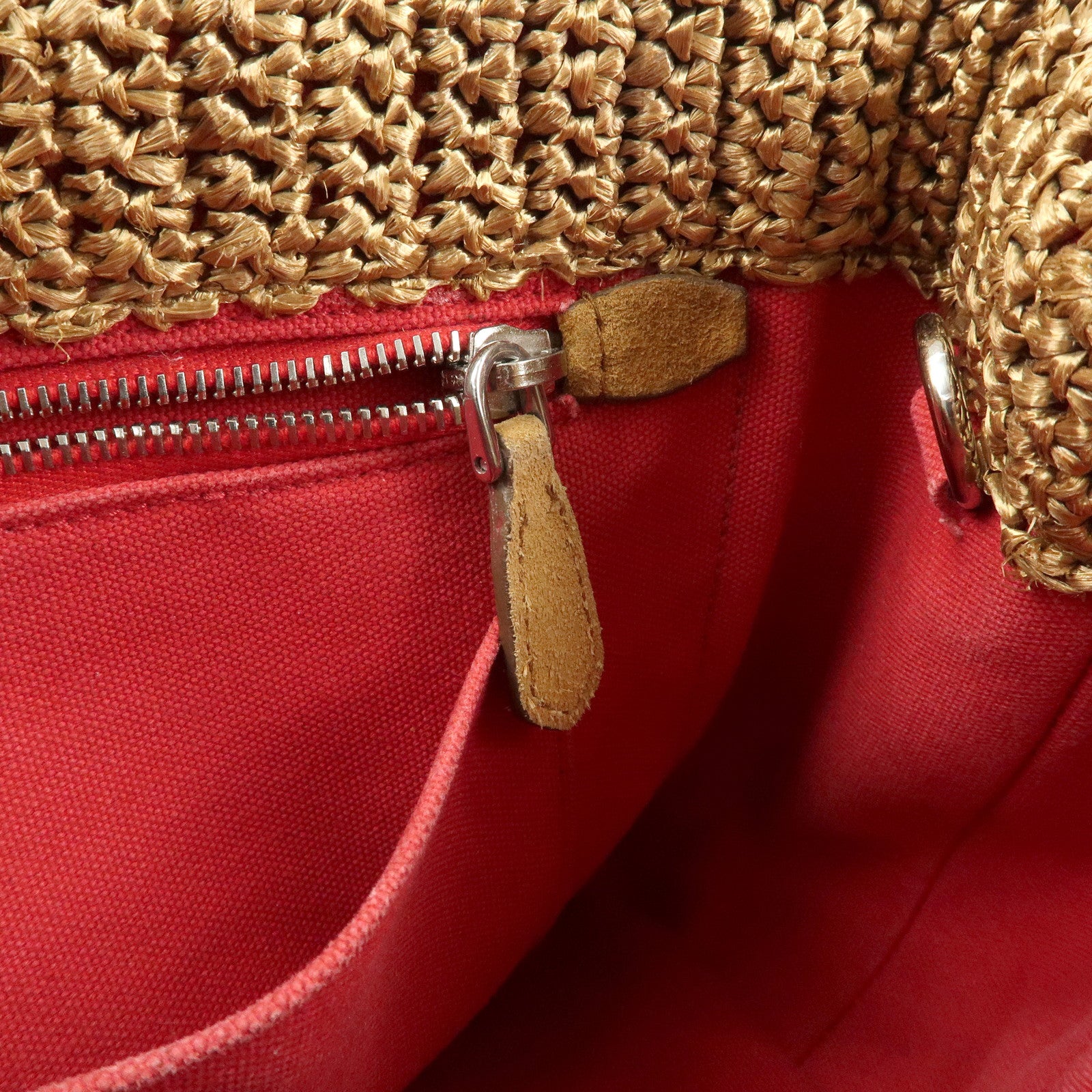 PRADA Triangle Logo Raffia 2Way Bag Hand Bag Shoulder Bag Red Brown