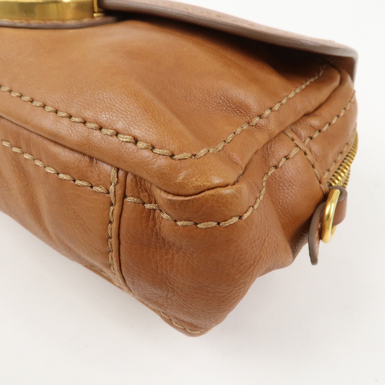 PRADA Logo Leather Chain Shoulder Bag Crossbody Bag Camel
