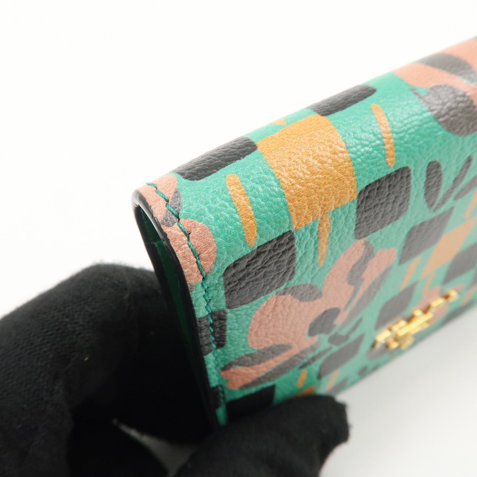 PRADA Leather Compact Wallet Floral Print Green Gold HDW 1MV204 Used