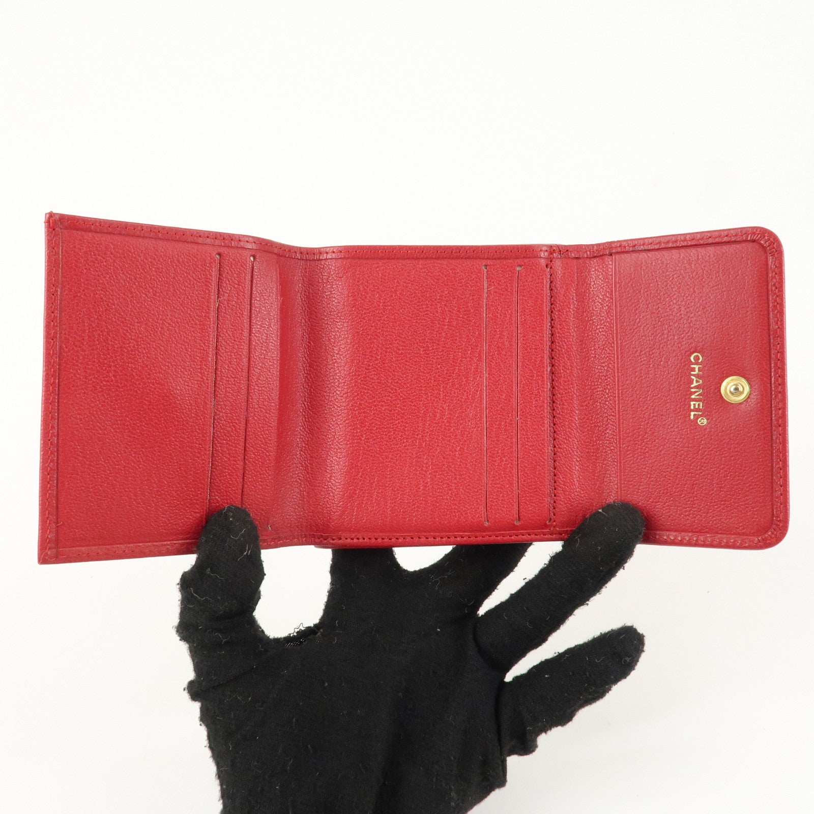 CHANEL COCO Mark Leather Tri-Fold Compact Wallet Red A13456 Used