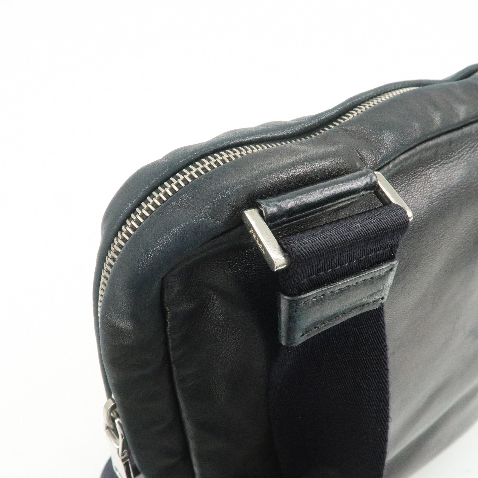 PRADA Triangle Logo Lamb Skin Canvas Shoulder Crossbody Bag Black