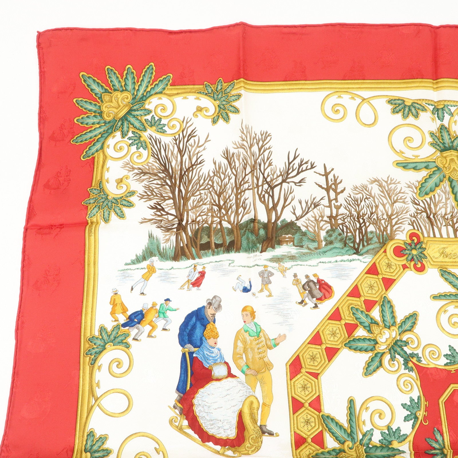 HERMES Carre 90 Silk 100% Scarf Joies d’Hiver Red Gold Used