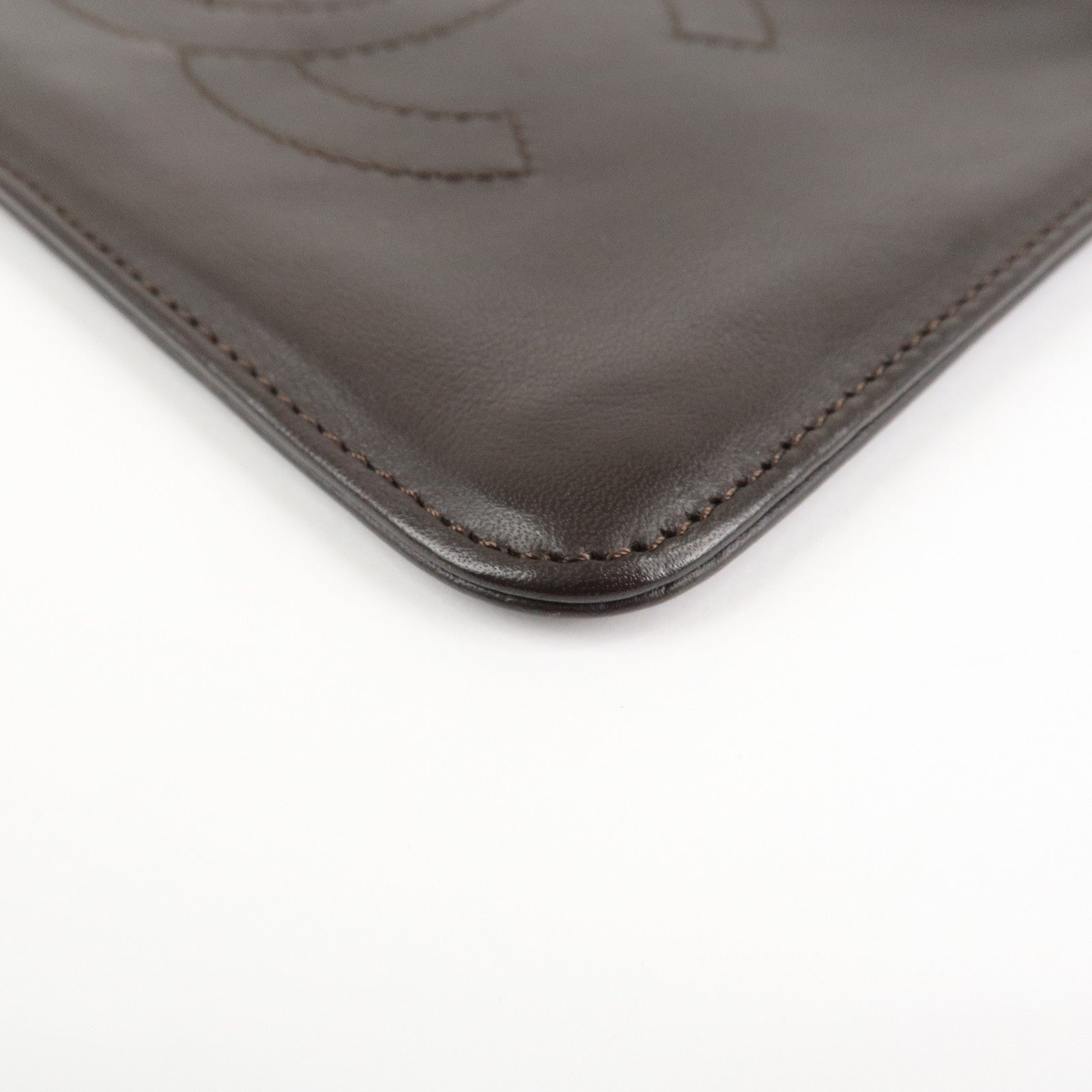 CHANEL Lamb Skin COCO Mark Pouch Silver Hardware Brown A25183 Used