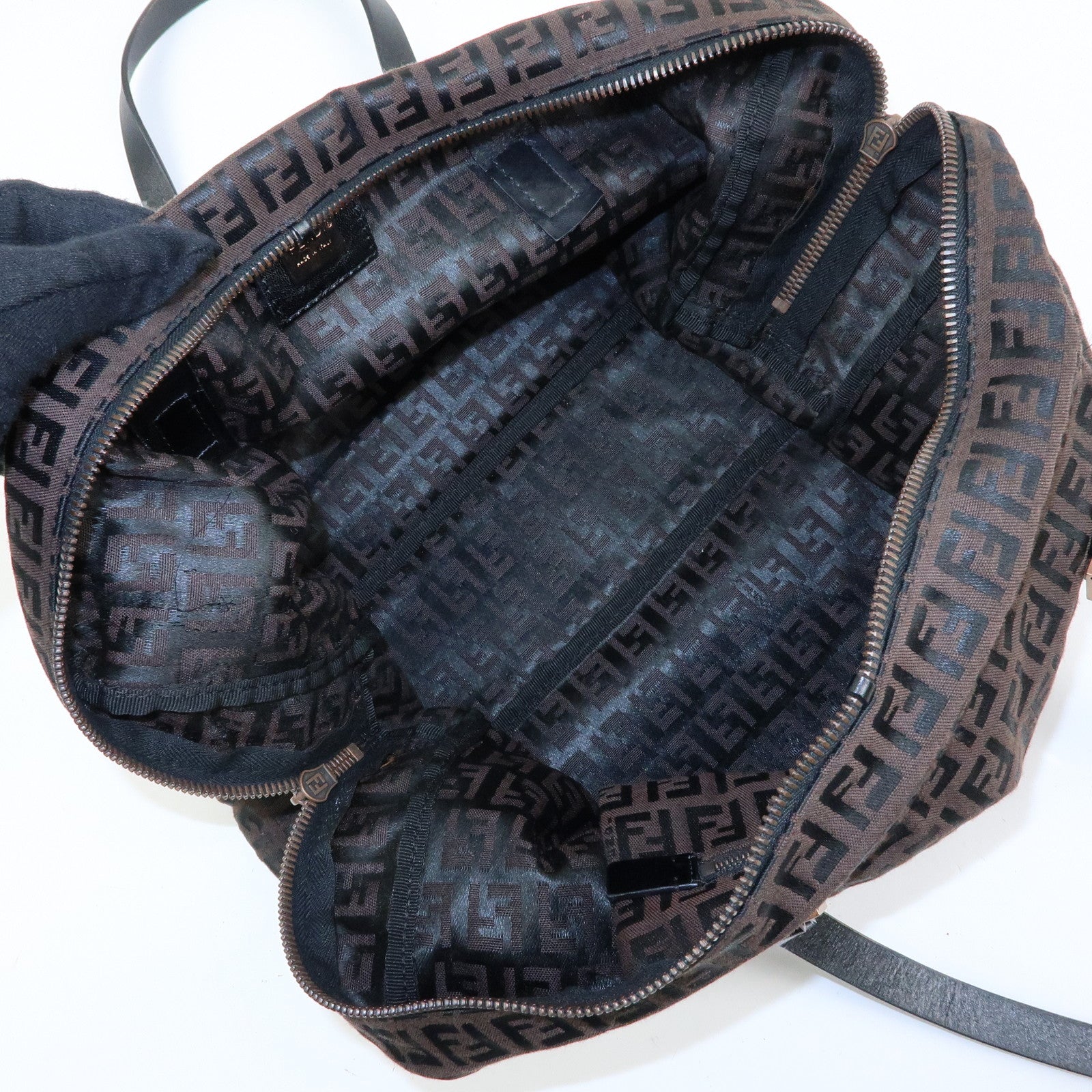 FENDI Zucchino Canvas Leather Tote Shoulder Boston Bag Brown 8BH031