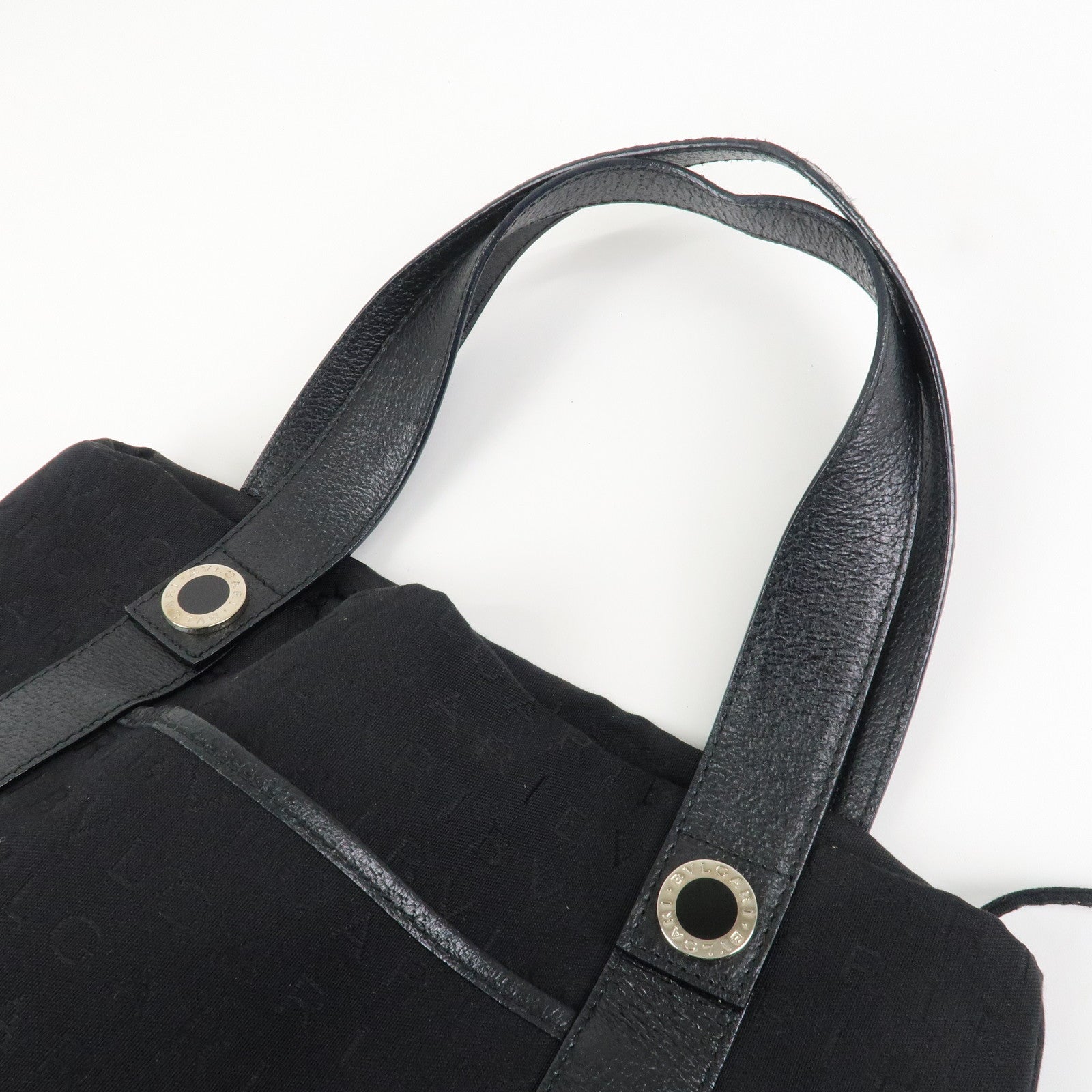 BVLGARI Logo Mania Canvas Leather Tote Bag Hand Bag Black Silver HDW Used