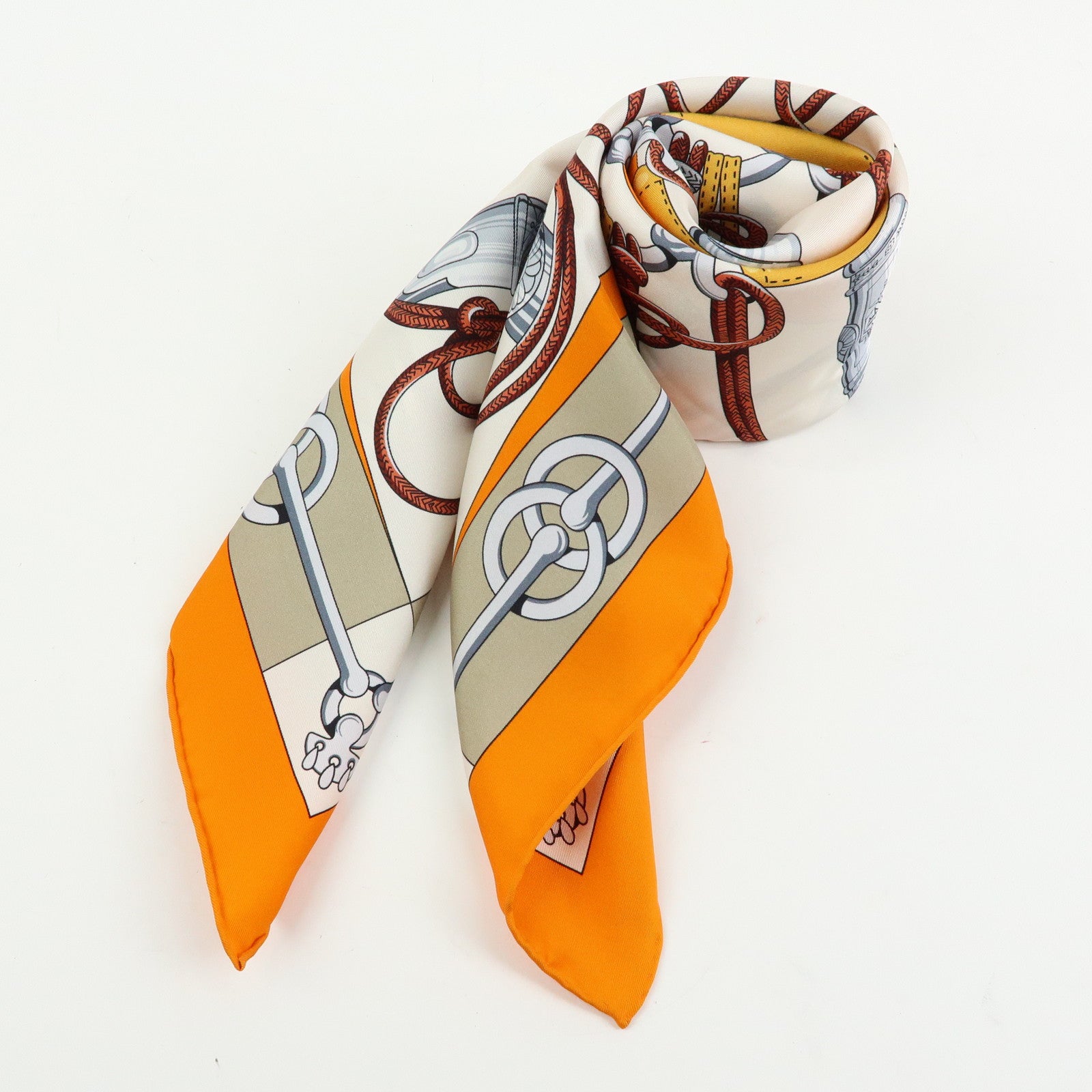 HERMES Carre 90 Silk 100% Scarf Cliquetis Orange Gray
